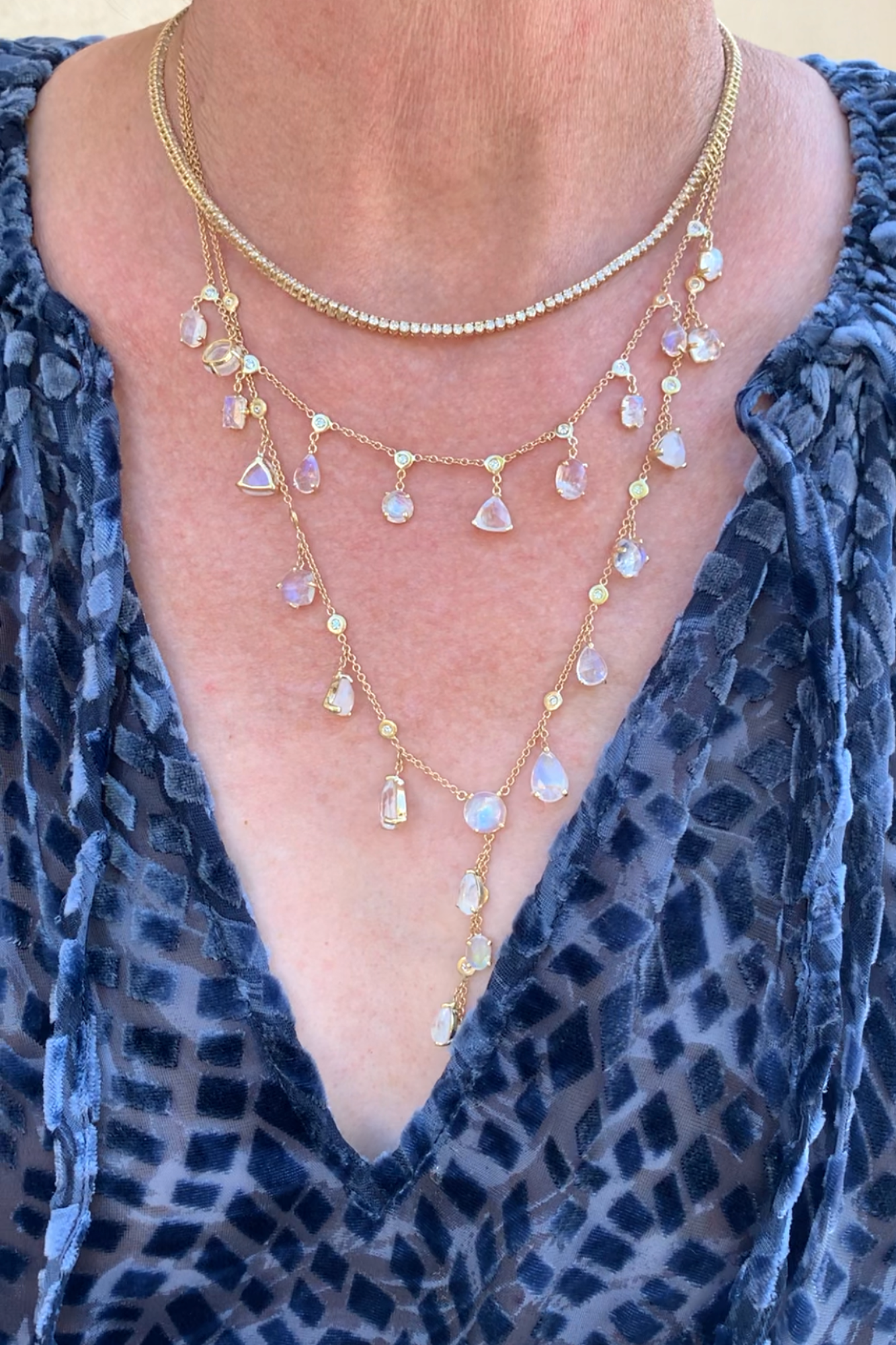 Yellow Gold 9 Diamond Bezel Multi Shape Moonstone Shaker Necklace