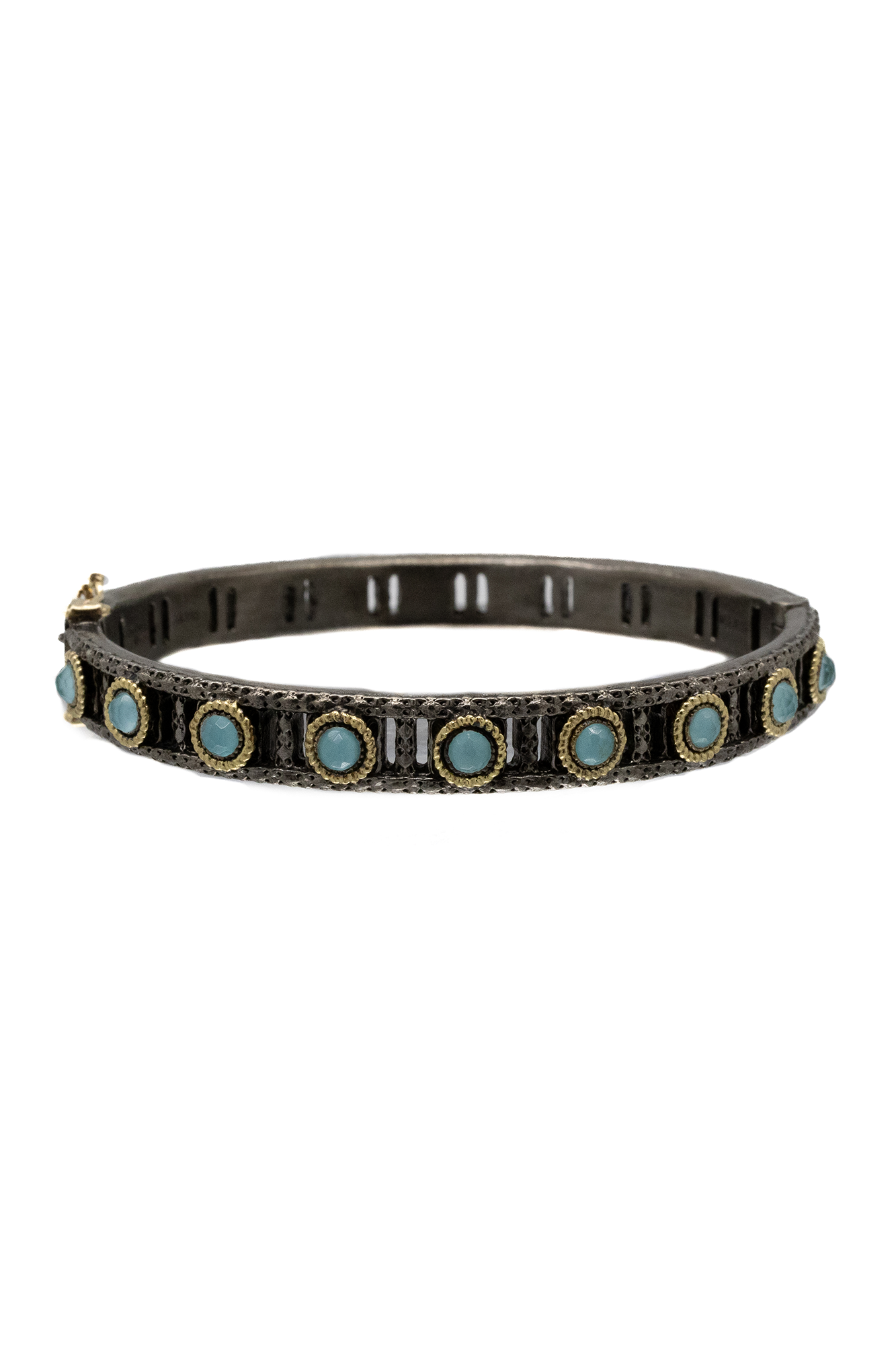 This premium 18K Yellow Gold and Grey Sterling Silver Huggie Bracelet from Armenta is the perfect stylish accessory. Its timeless design and quality craftsmanship will stand the test of time. Show off your style with this luxurious bracelet.