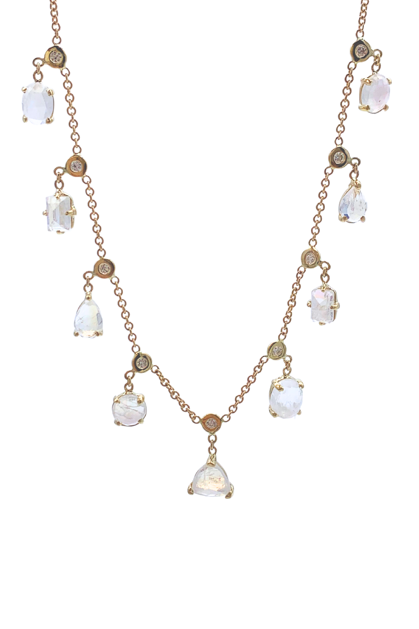 Yellow Gold 9 Diamond Bezel Multi Shape Moonstone Shaker Necklace