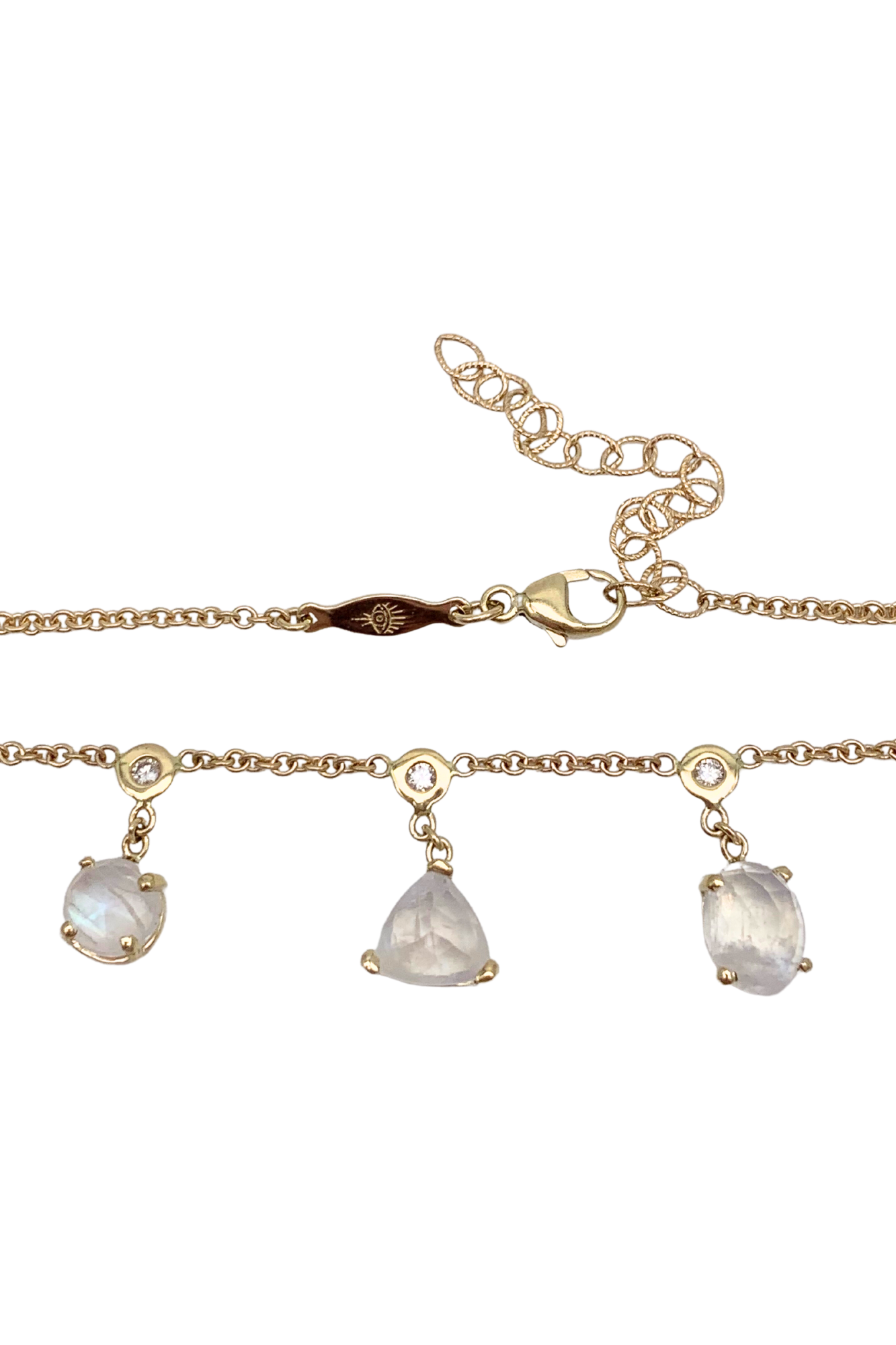 Yellow Gold 9 Diamond Bezel Multi Shape Moonstone Shaker Necklace
