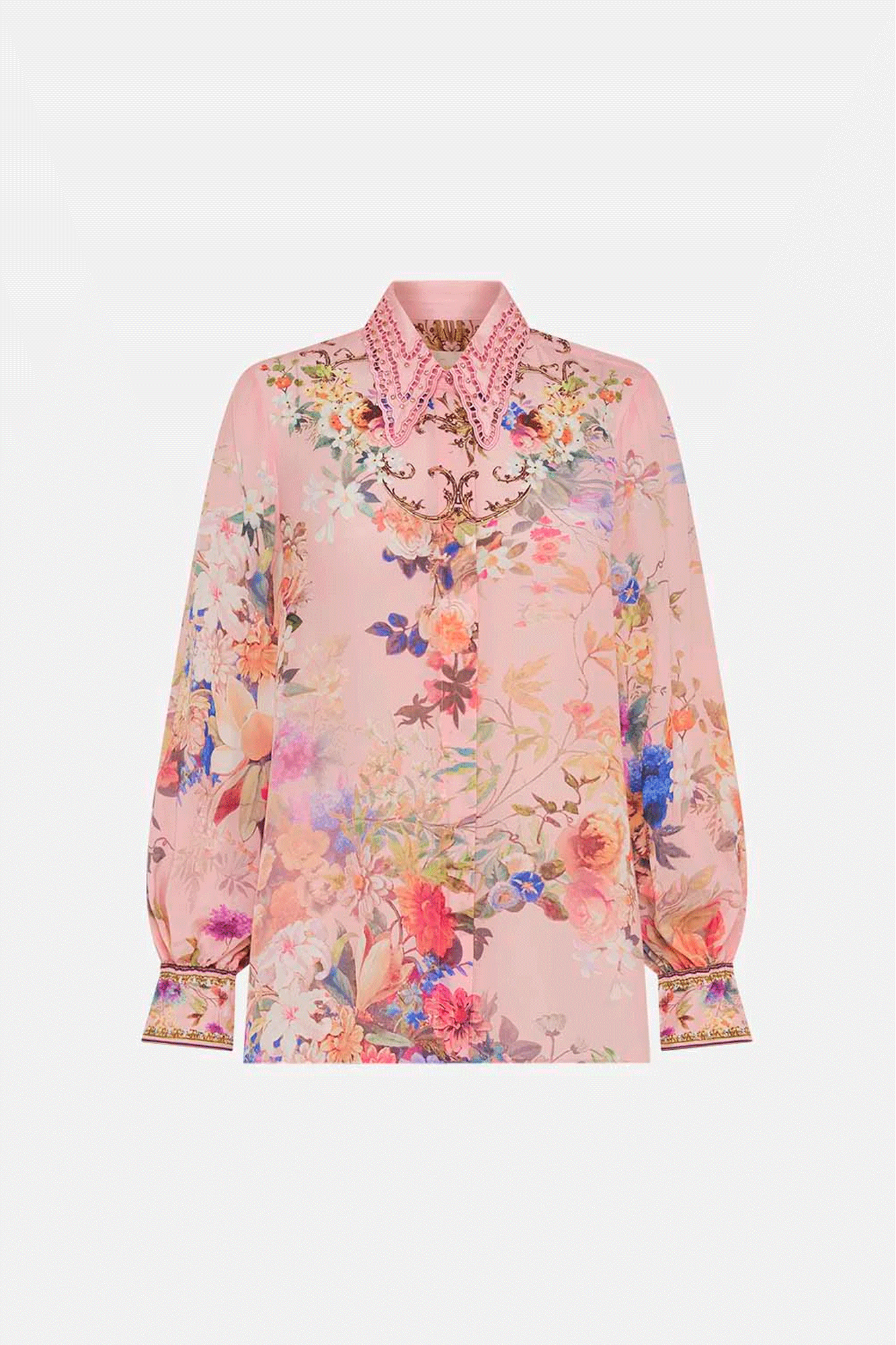 This luxurious Camilla silk blouse features a structured embellished collar, button front enclosure, and a relaxed fit silhouette. 