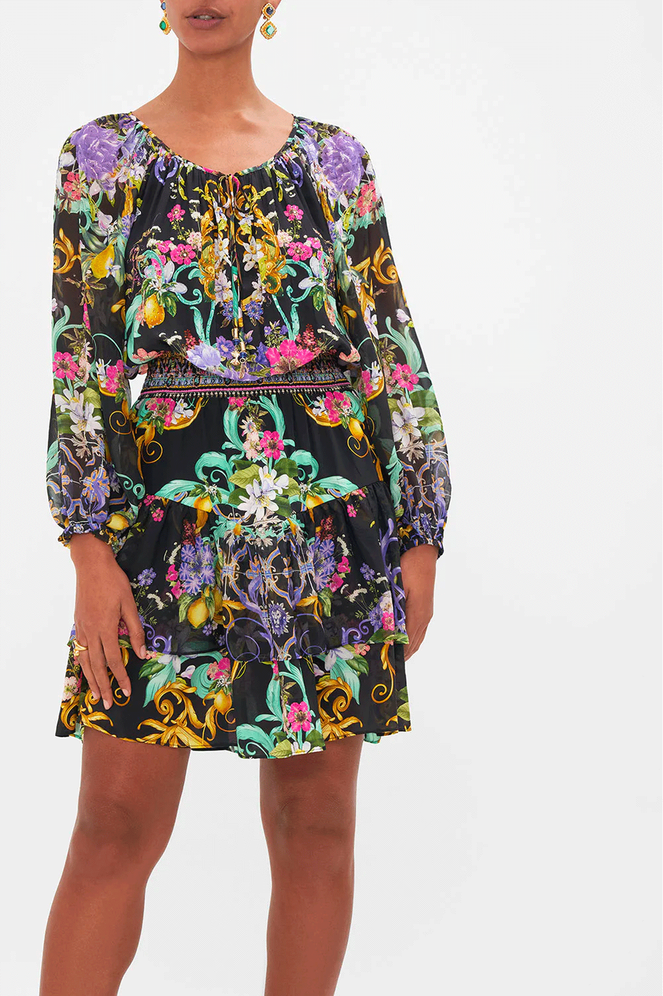 Blouson Sleeve Dress with Double Ruffle Hem