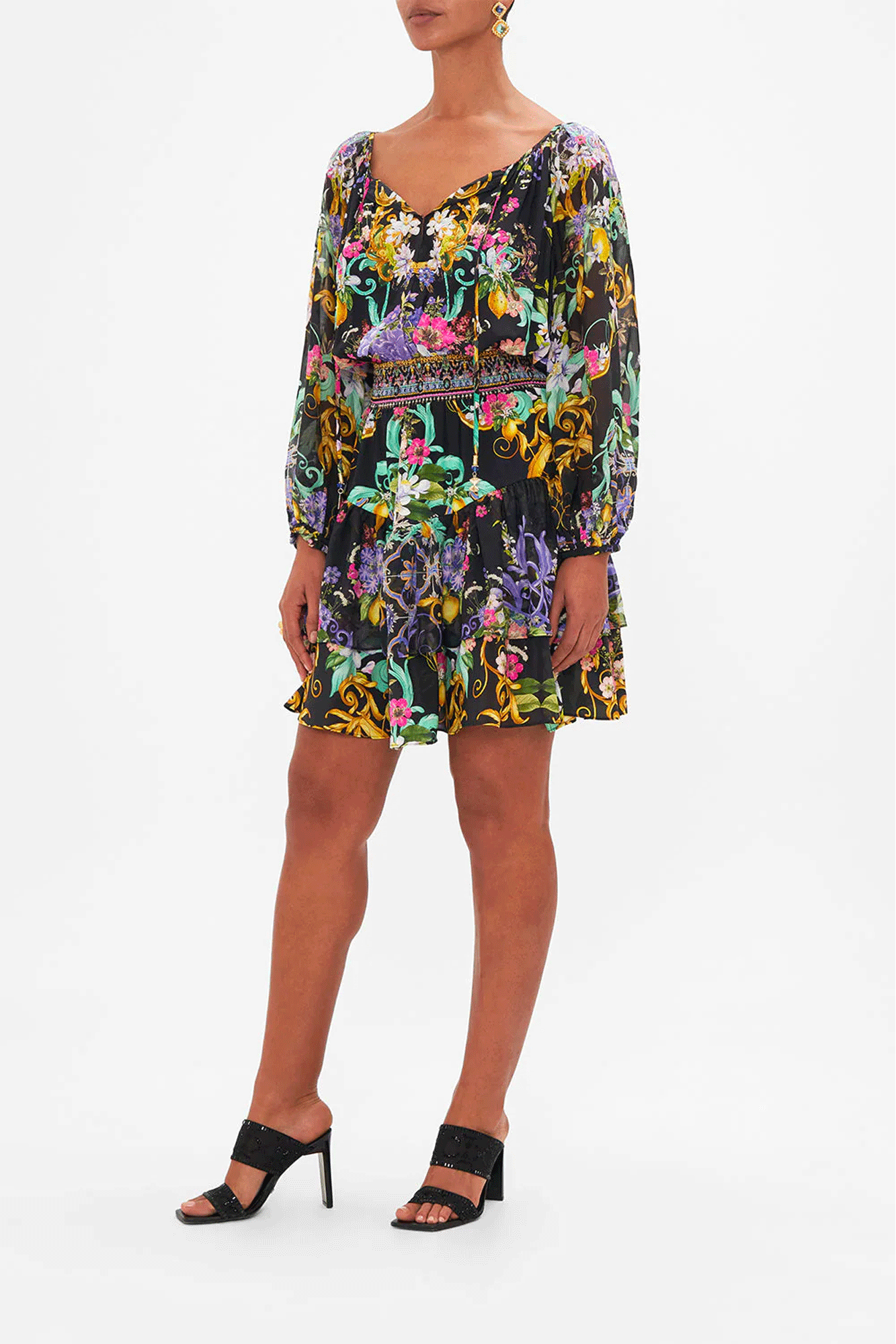 Blouson Sleeve Dress with Double Ruffle Hem