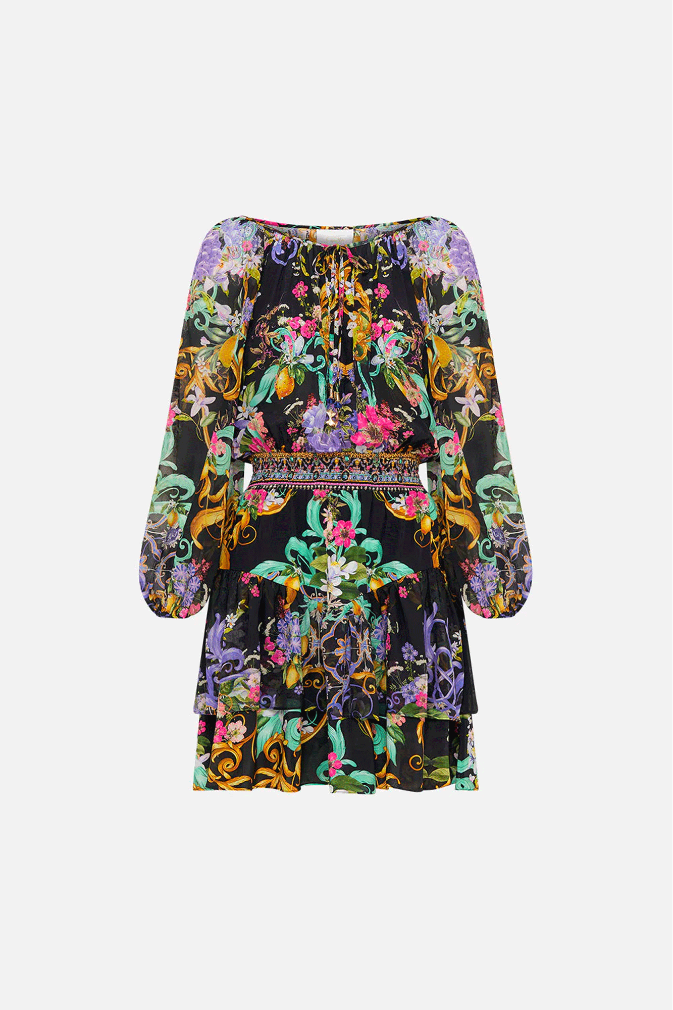 Let yourself be swept away in the exotic beauty of the Meet Me In Marchesa Blouson Sleeve Dress with Double Ruffle Hem.