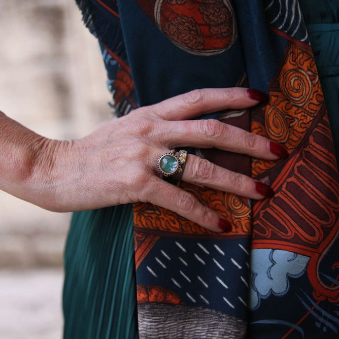 14K Rose Gold and Sterling Silver Enamel Teal Crivelli Ring
