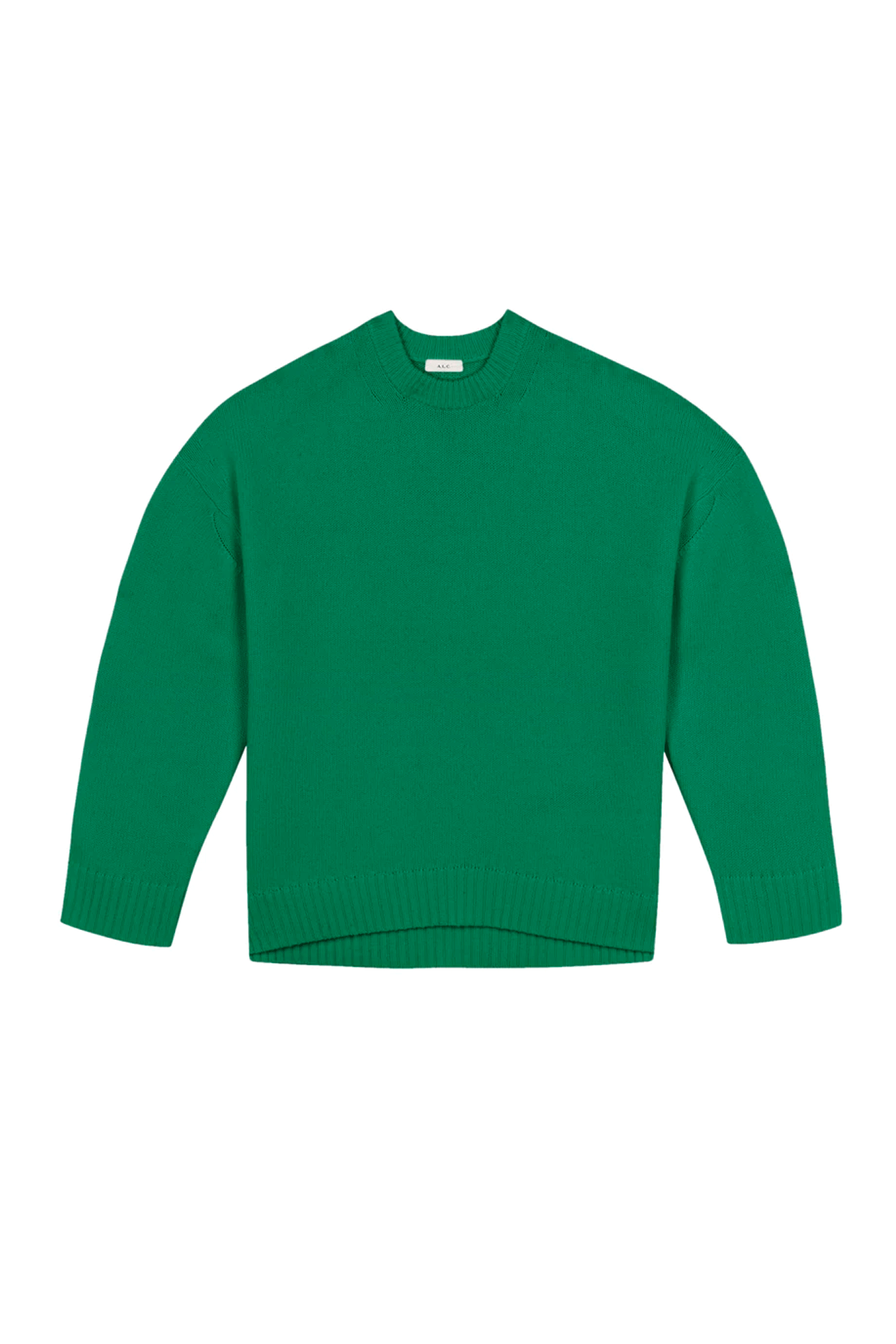 Experience luxury with the Ayden Sweater from A.L.C. Crafted from a woolen cashmere blend in rich green, this classic oversize silhouette features round neckline, dropped shoulders and ribbed cuffs & hemline. Enjoy the timeless elegance and refinement with the center stitched detailing down the back.
