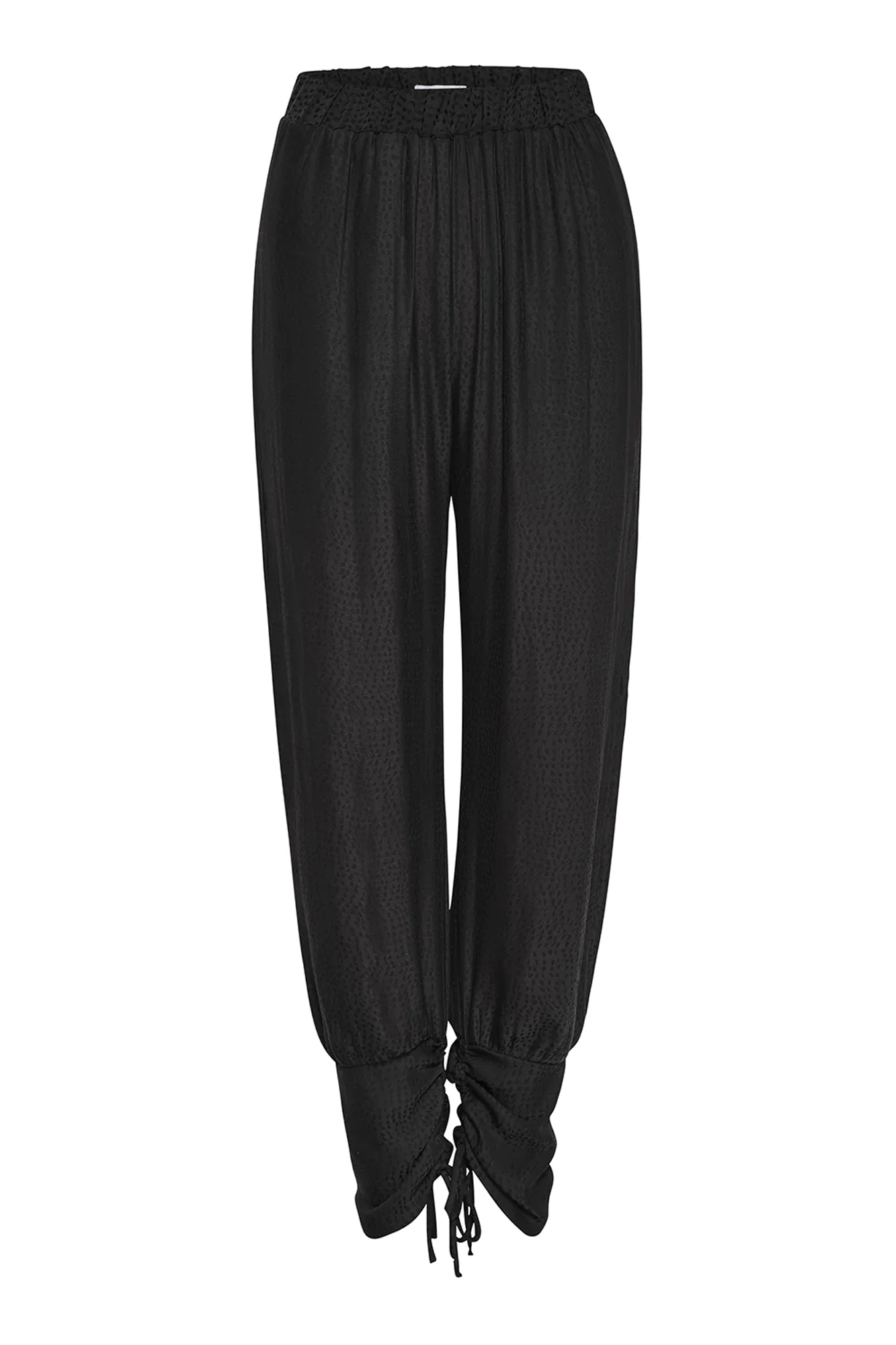 Experience luxurious comfort and impeccable style with the Margot Pant from Misa. Crafted from tonal black dot print satin jacquard, this jogger pant features adjustable hems, an elastic waistband, and side-slit pockets for convenience. Enjoy a day of off-duty chic and timeless sophistication.