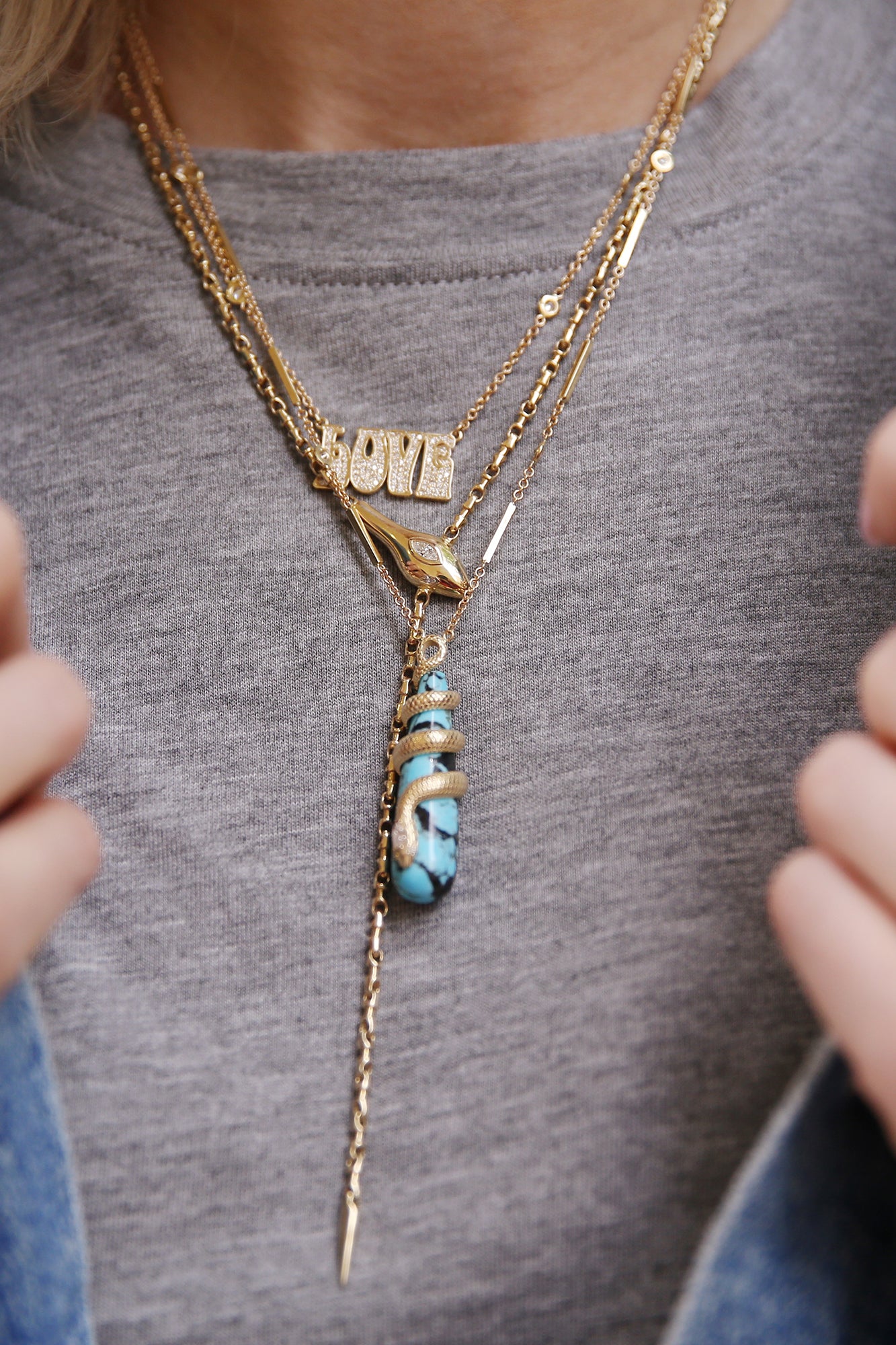 Marquise Diamond Head Snake Wrap Necklace Turquoise