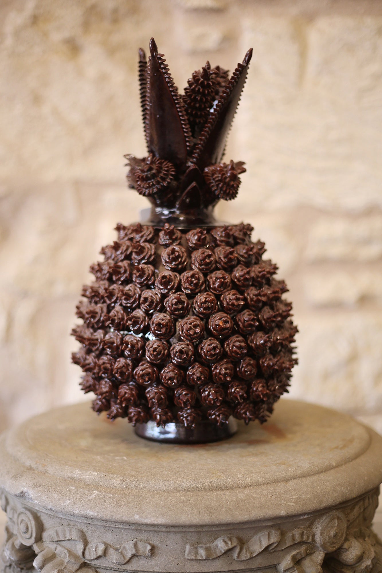 Earthenware Lidded Pineapple Urn Burgundy