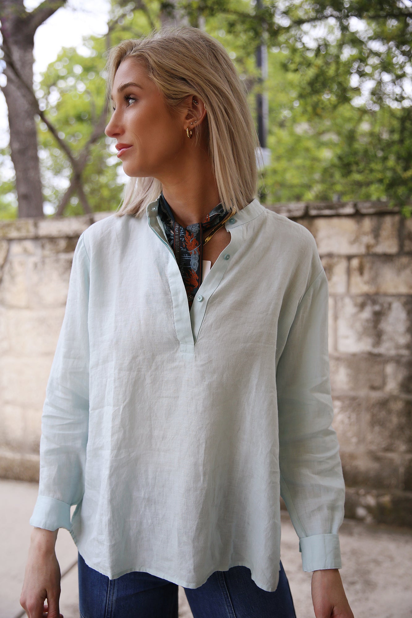 Mandarin Collar Henley Top Clearwater