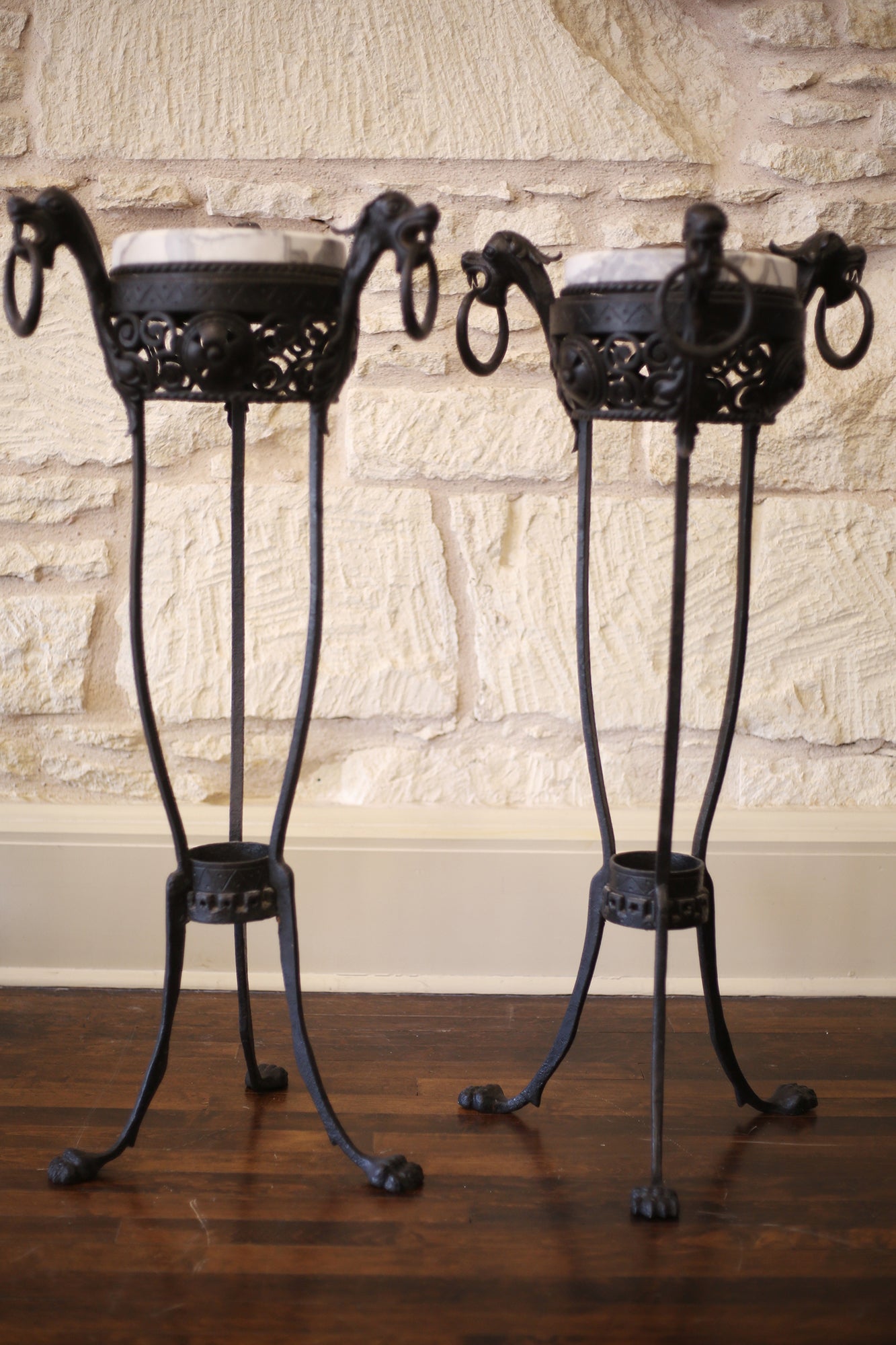 Iron & Marble Plant Stands - PAIR