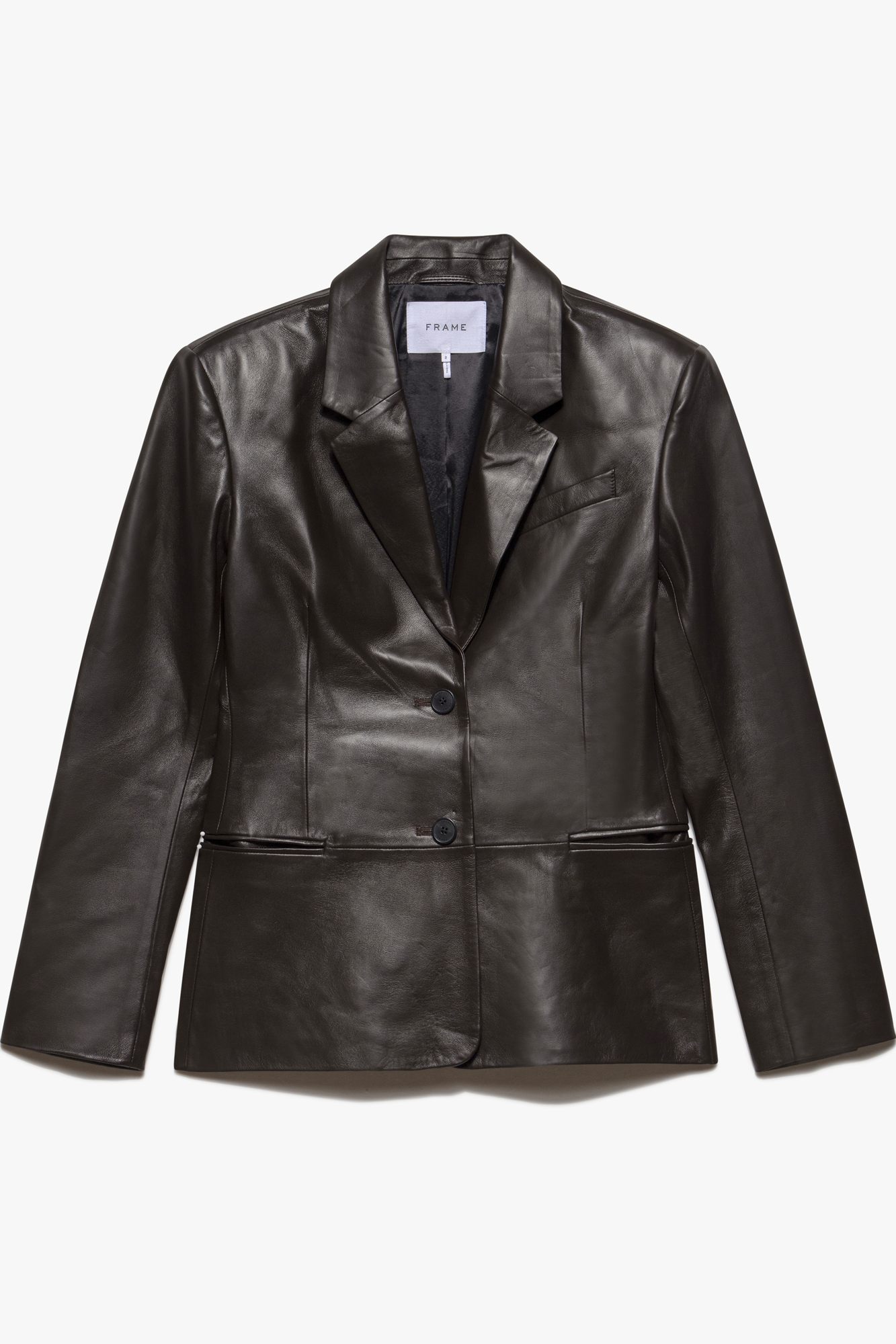 The Femme Leather Blazer from Frame is a best-selling classic blazer made of 100% lamb leather. With a tailored silhouette, double-button closure and wide lapels, this blazer enhances your look with a professional yet stylish feel. Whether you're dressing up for the boardroom or your next big event, this blazer is the perfect choice.