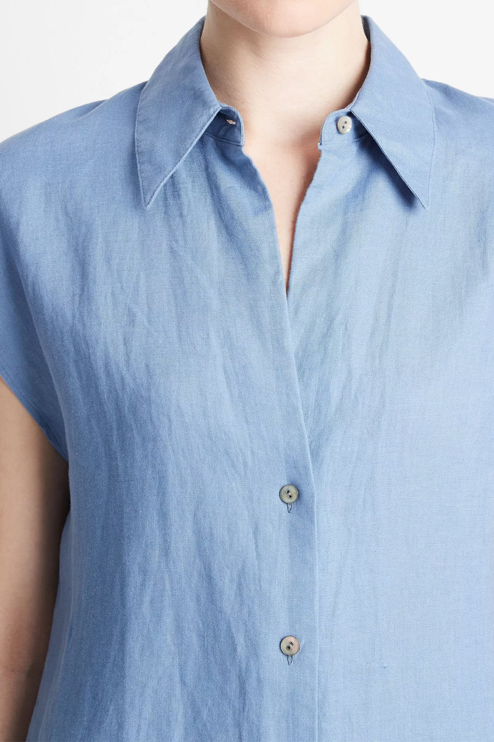Linen Cap-Sleeve Button-Front Blouse Azure Gem