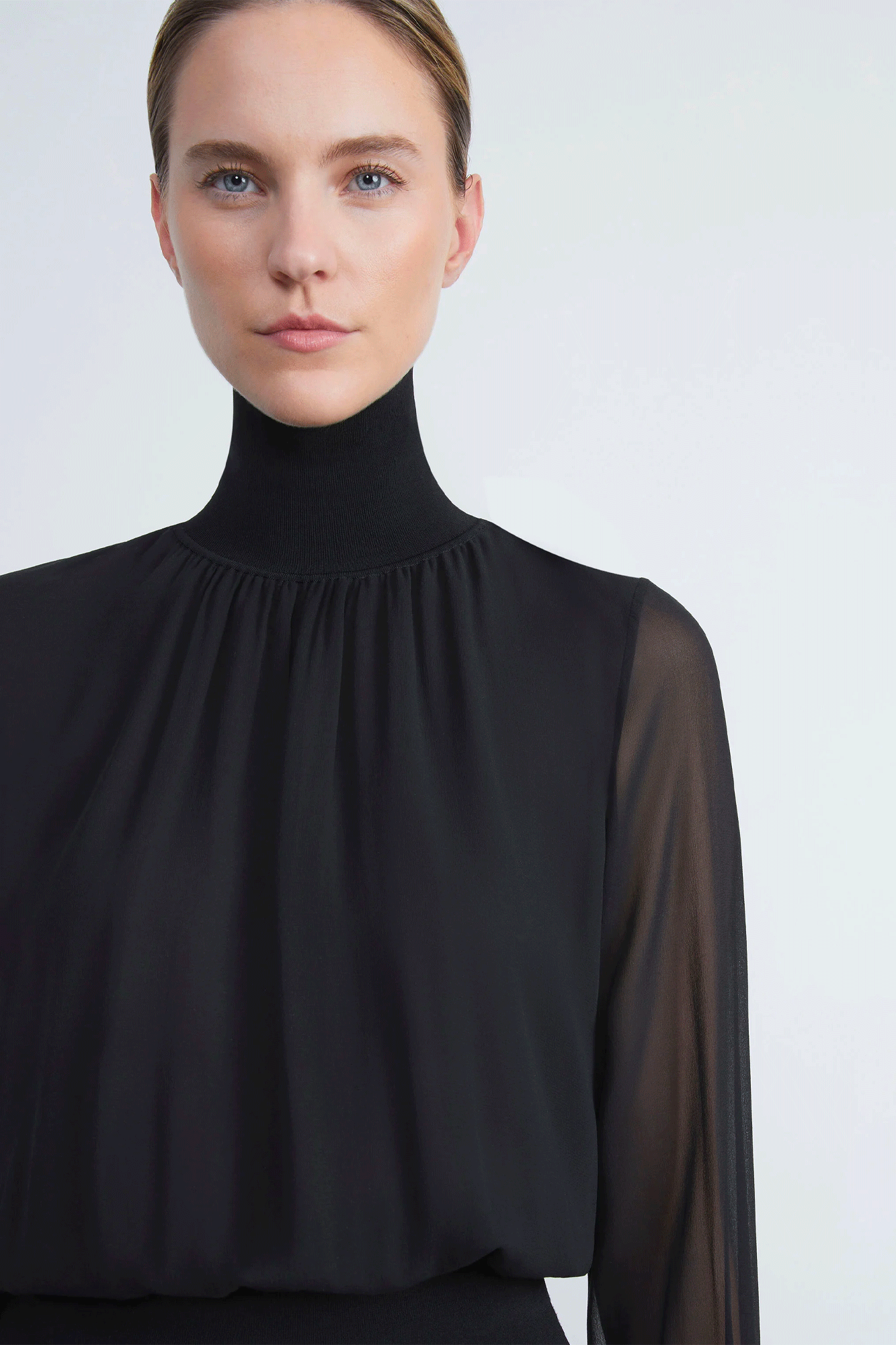 Turtleneck Blouse with Knit Trim