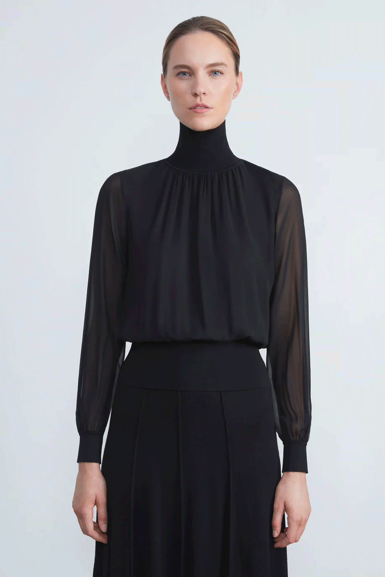 Turtleneck Blouse with Knit Trim