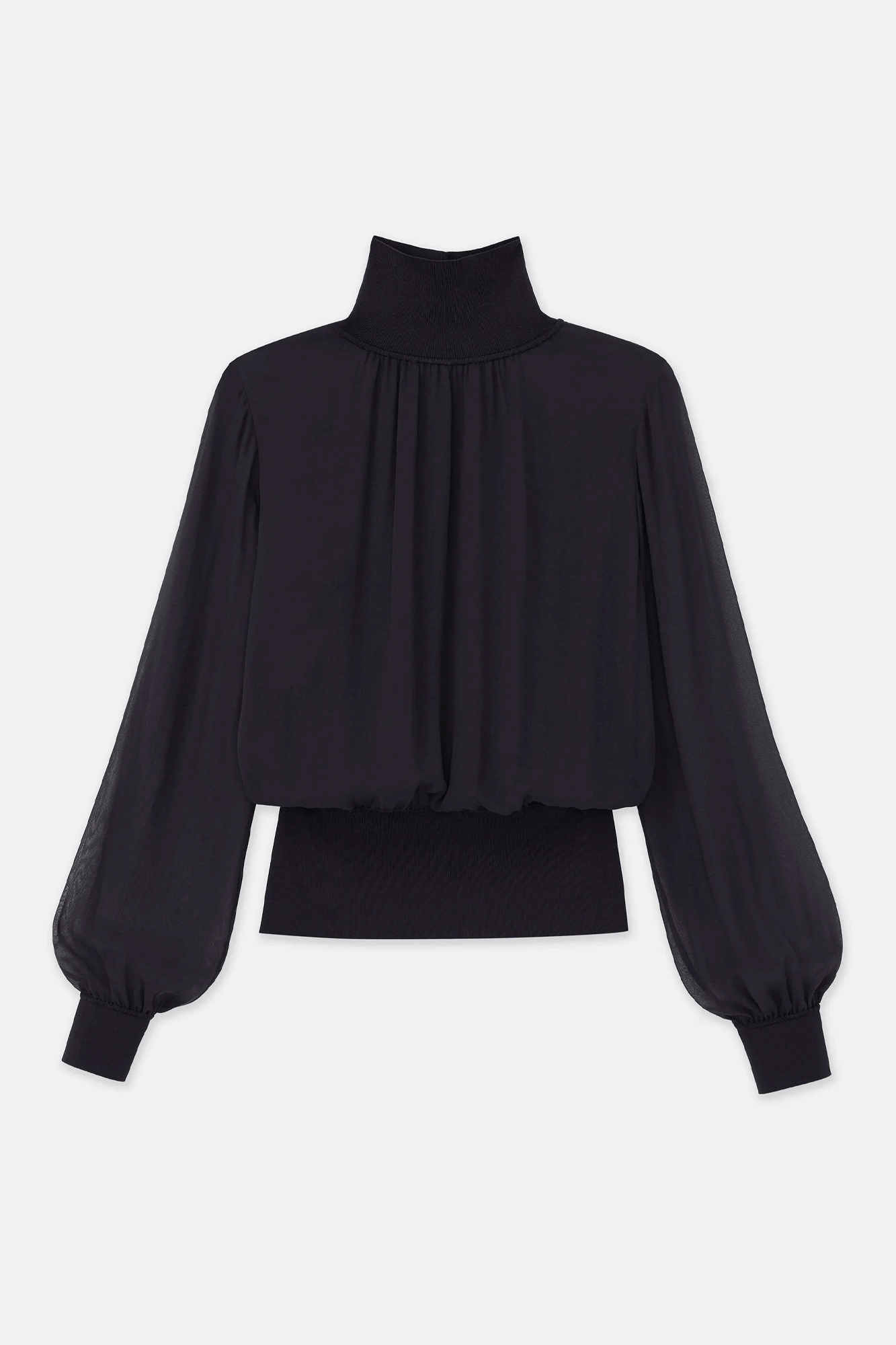 This Turtleneck Blouse with Knit Trim from Lafayette 148 is crafted with luxurious silk georgette and finished with ribbed trim for an elevated look. The blouson top features gathered pleating and sheer long sleeves, and is lined with silk chiffon for added comfort. Perfect for any chic, modern wardrobe.