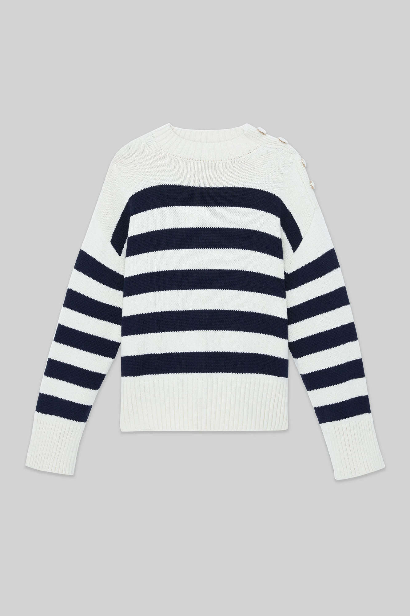 This Nautical Stripe Crewneck from Lafayette 148 is perfect for all seasons. Crafted from a lightweight Italian cotton-wool chainette, it is expertly knit for a classic oversized shape. Featuring bold signature stripes and metal-framed buttons at the shoulder, this nautical-inspired piece is complemented with wide ribbed trims at the cuff and hem.