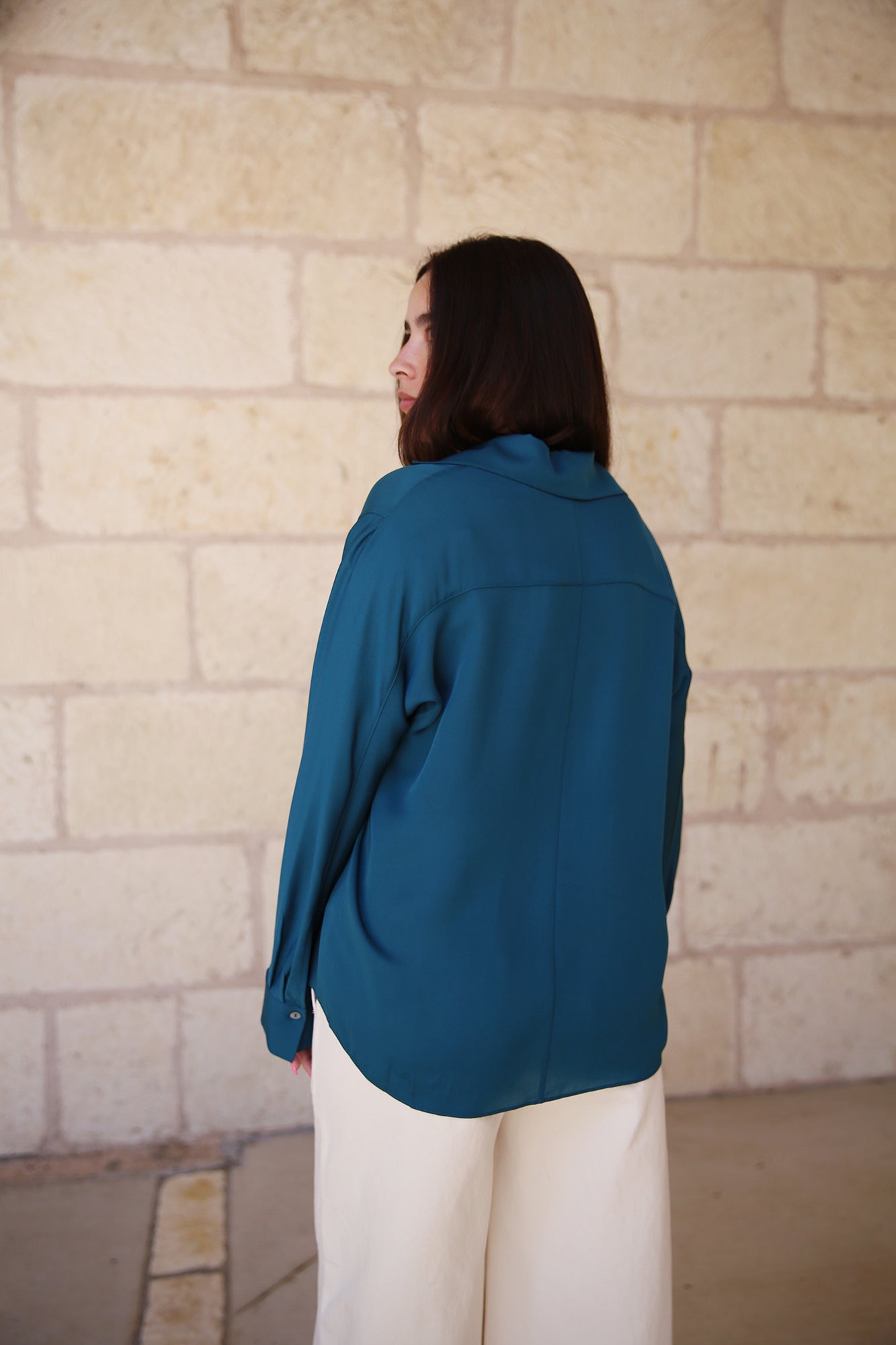 Silk Lapel Collar dolman Sleeve Blouse Blue Waltz