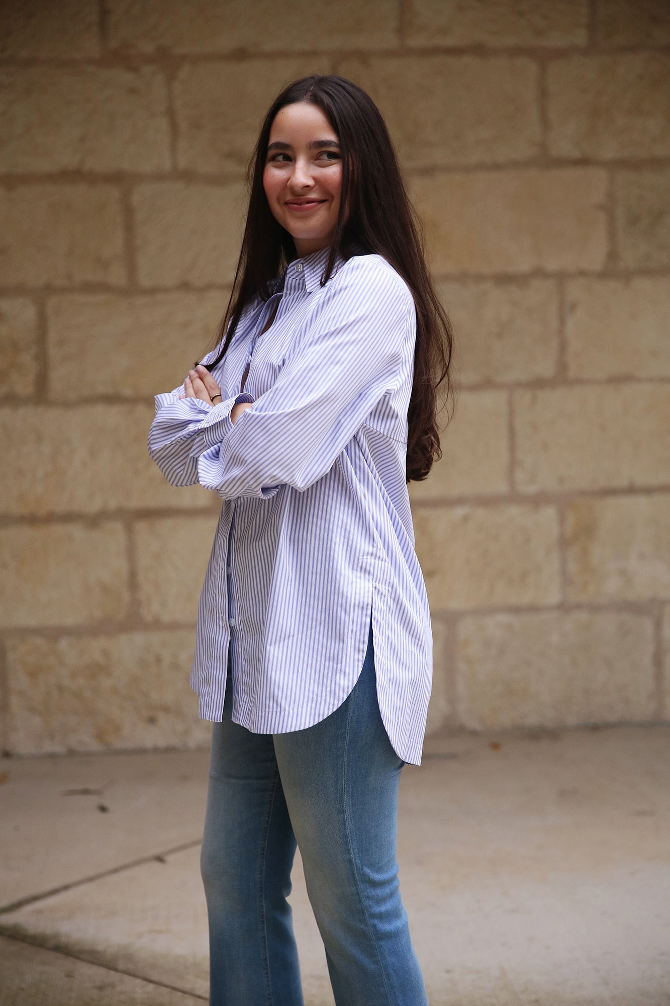 Sylvie Tie Back Shirt White/Blue Stripe + Plus
