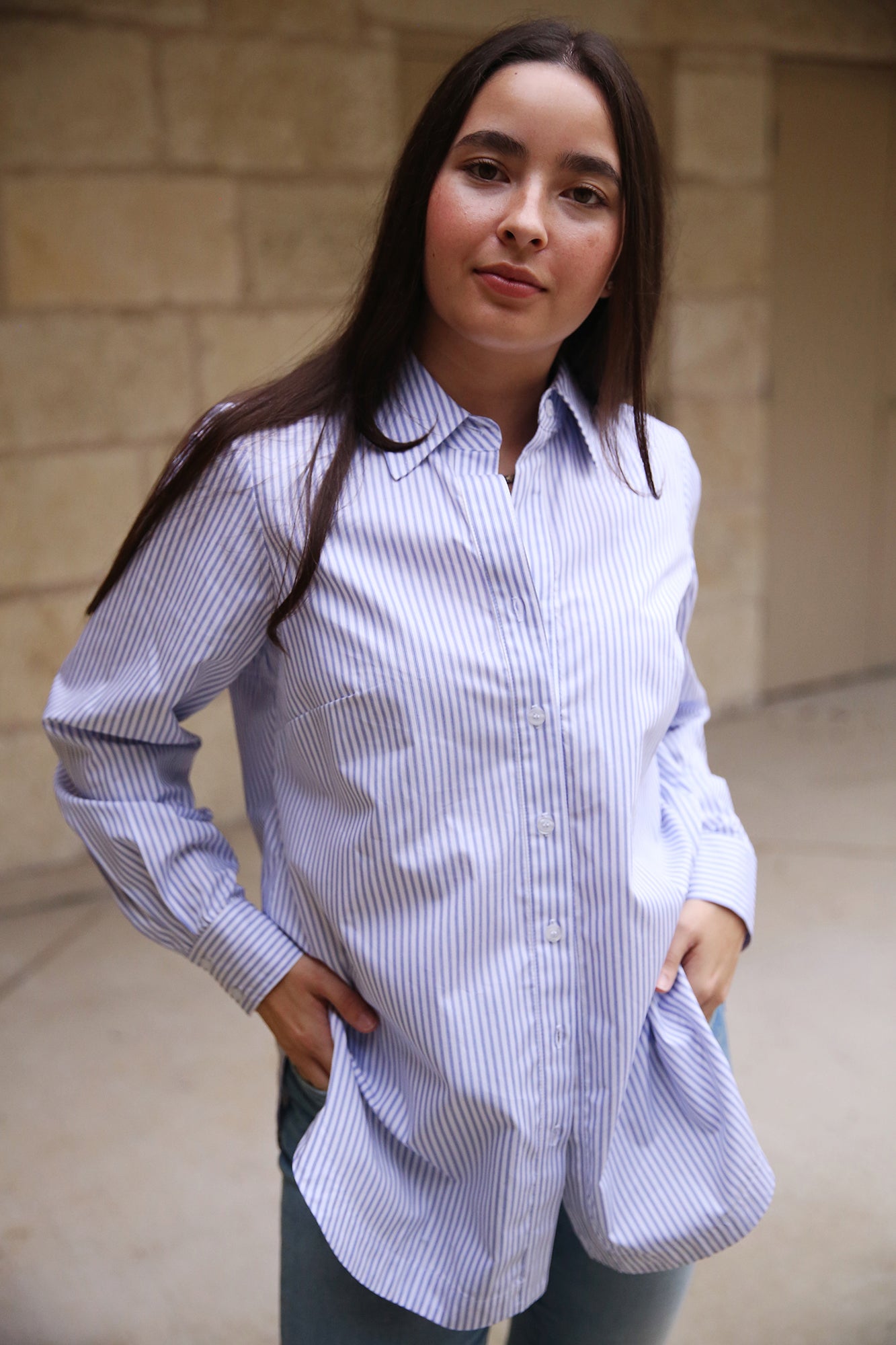 Sylvie Tie Back Shirt White/Blue Stripe + Plus