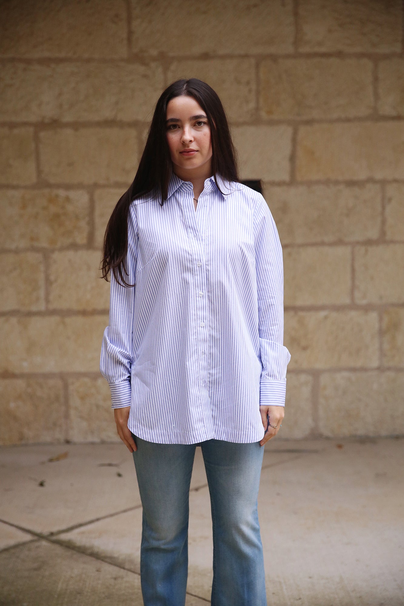 Sylvie Tie Back Shirt White/Blue Stripe + Plus