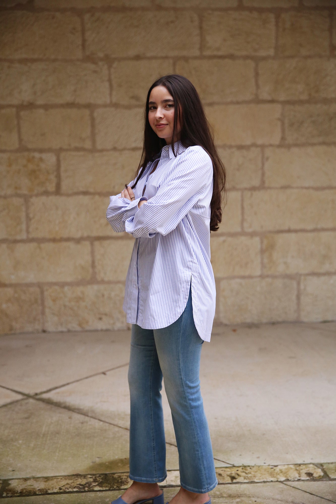 Sylvie Tie Back Shirt White/Blue Stripe + Plus