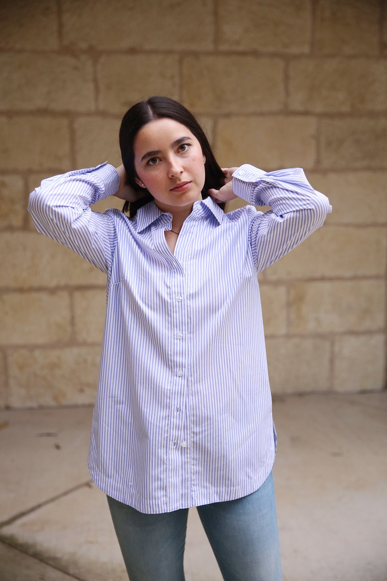 Sylvie Tie Back Shirt White/Blue Stripe + Plus