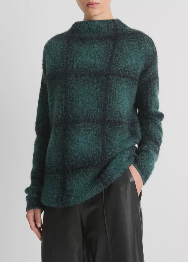 Shadow Plaid Funnel Neck Sweater Juniper Combo