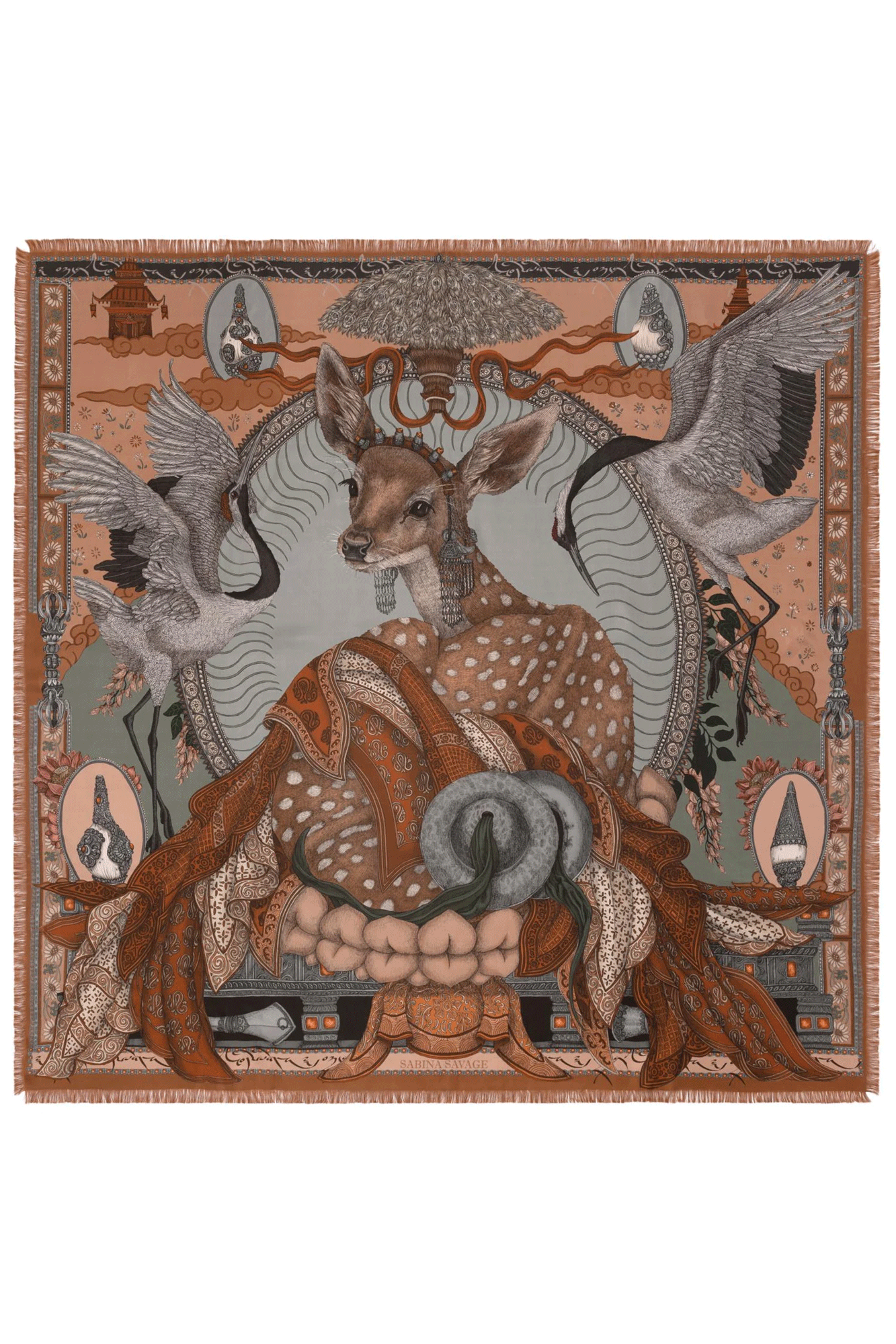 This luxurious The Song Deer Wool and Silk Scarf from Sabina Savage measures 135cm x 135cm and is hand fringed with edging. Its combination of wool and silk creates a unique look and feel, and its craftsmanship is of the highest standard.
