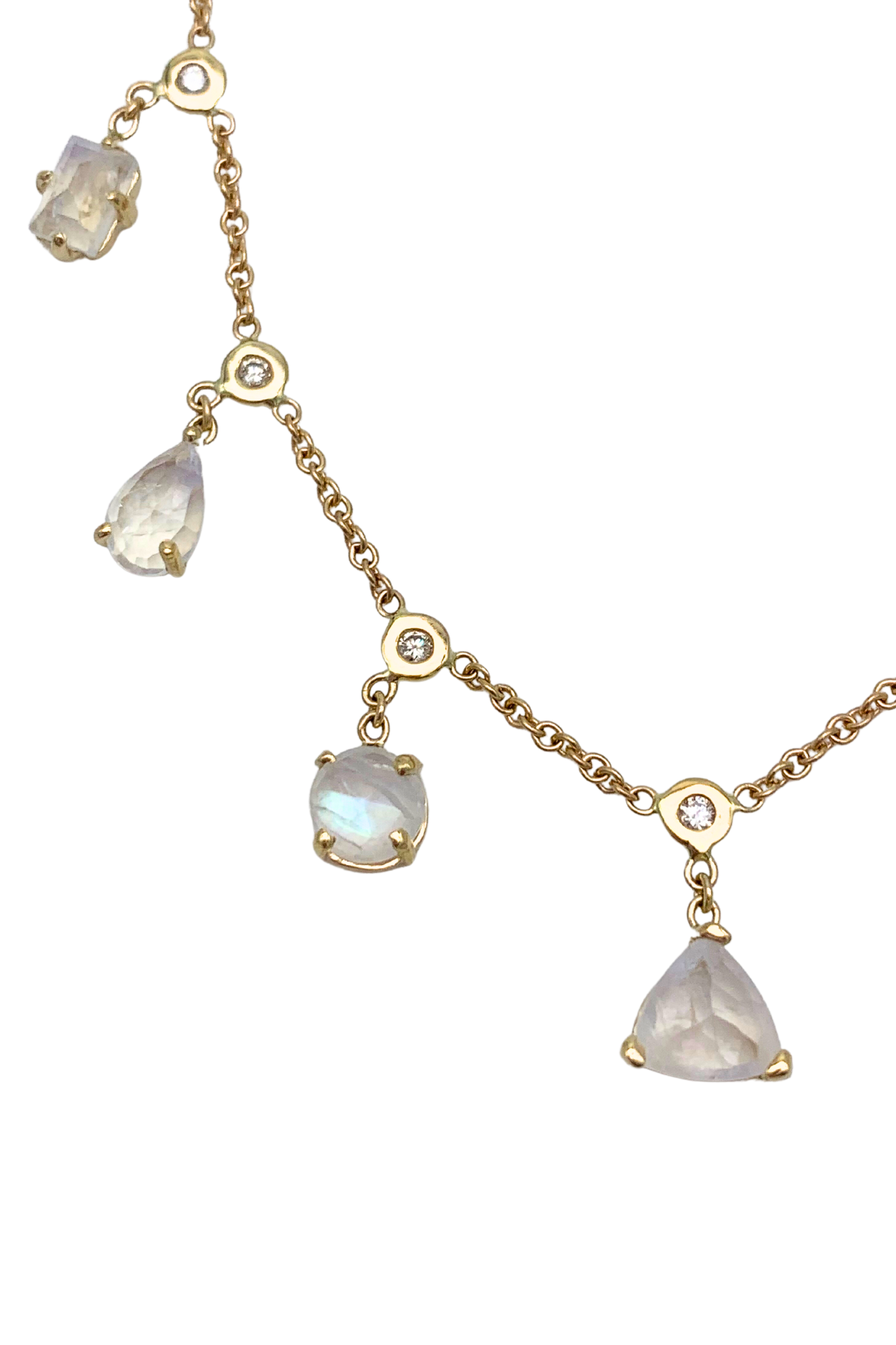 Yellow Gold 9 Diamond Bezel Multi Shape Moonstone Shaker Necklace
