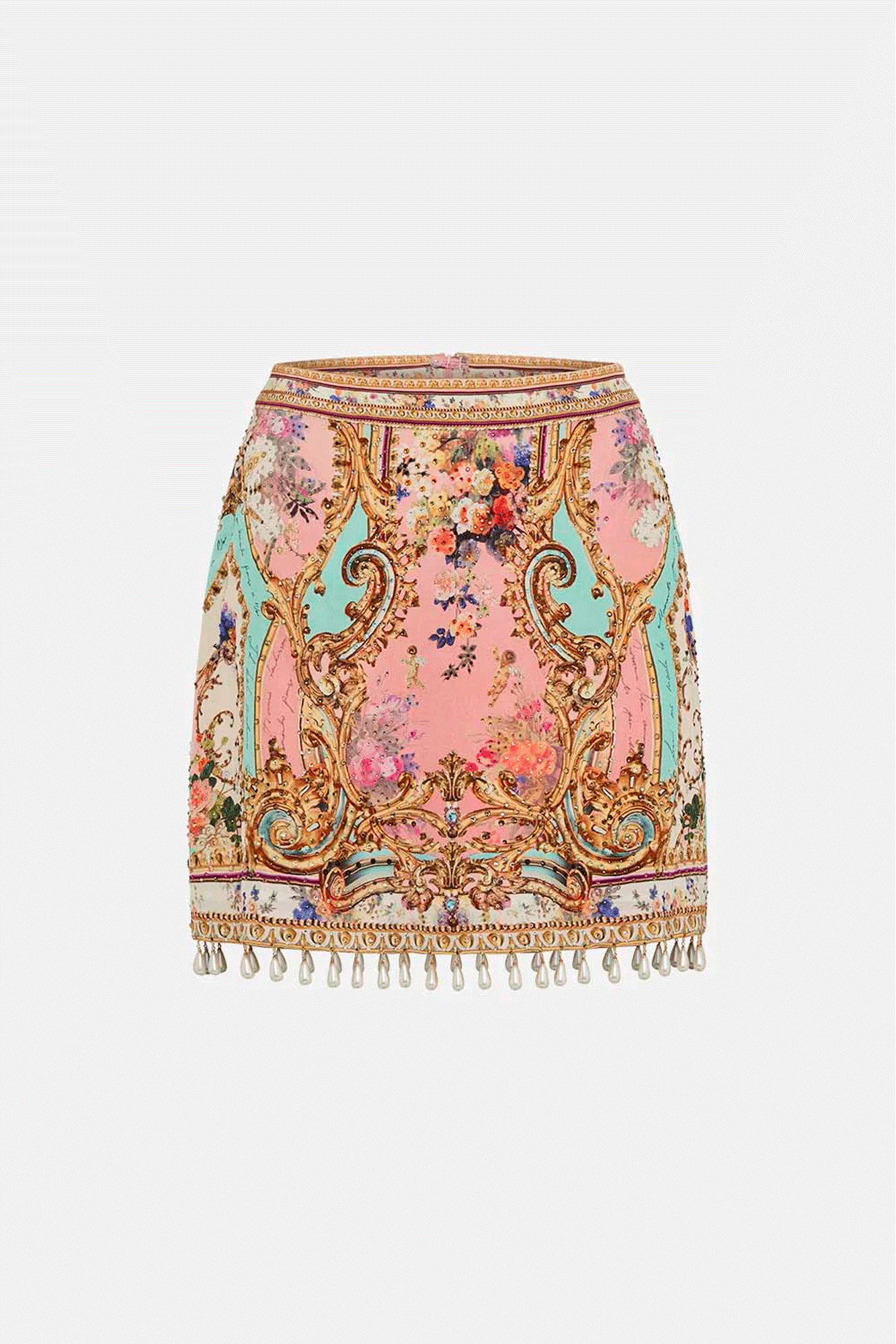 The Letters Front The Pink Room Mini Skirt from Camilla is a luxurious, high-rise skirt with a cropped length and back dart detailing. 
