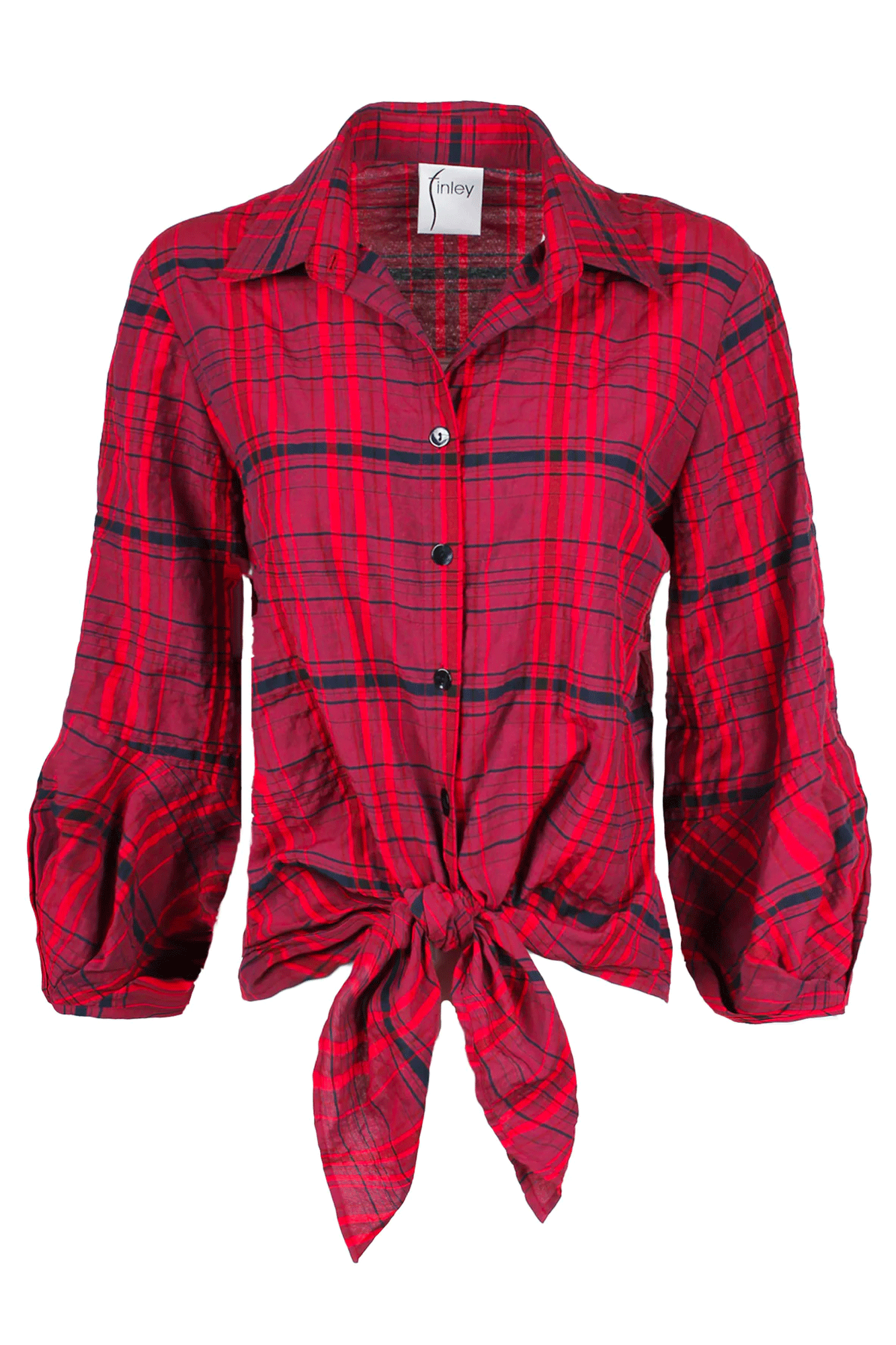 The Emmy Shirt from Finley offers a timeless look with a modern touch. Crafted from cranberry plaid fabric with tonal embroidery details, this shirt features a spread collar and button-front closure, plus a pleated cuff detail. The style has a relaxed fit and an approximate length of 23" from the shoulder to the hem. The front self-tie hem adds a fashionable element to the classic look.