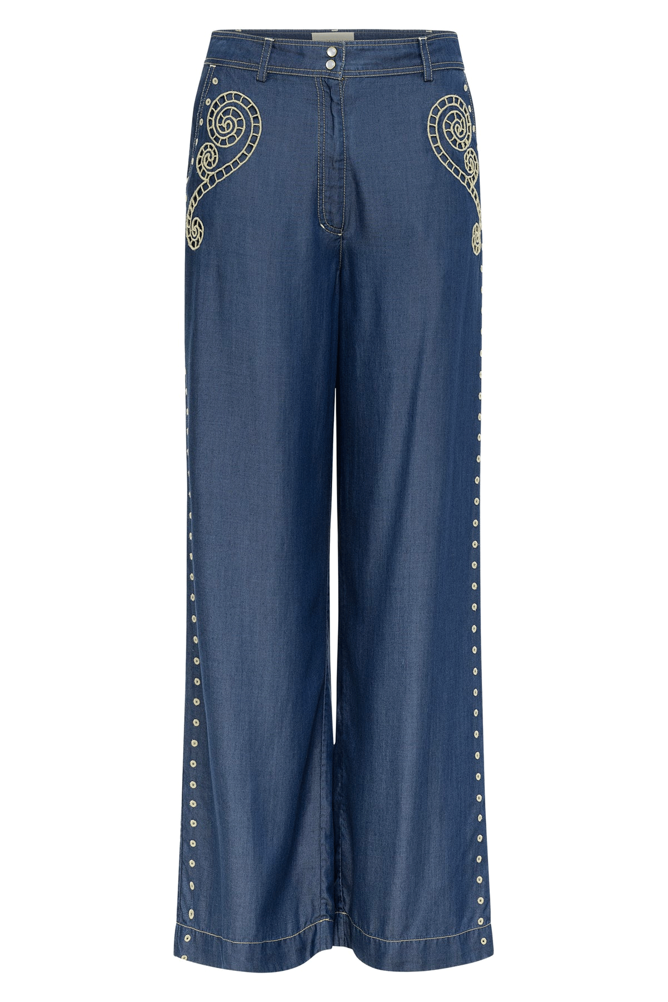 The Sam Pants are a stylish and fashion-forward choice for any modern wardrobe. Featuring a wide leg and a high-waisted design, these cropped pants provide a flattering fit that's sure to make a statement. Crafted with hand-embroidered details, these pants make a distinctly unique addition to any look.