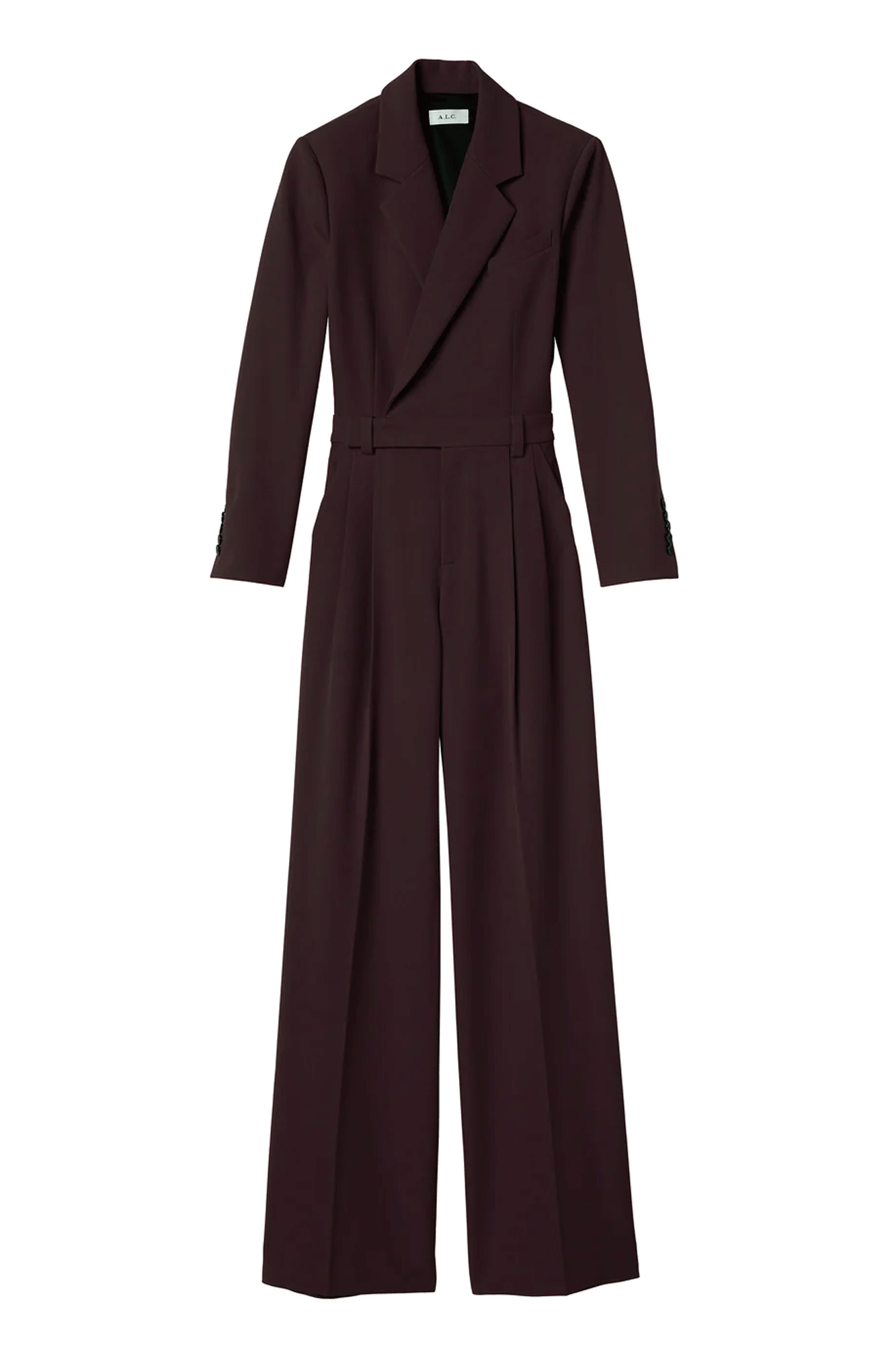 The Tatum Jumpsuit from A.L.C. is perfect for any occasion. It features a tailored silhouette designed with modern tuxedo-inspired elements, including a two-piece look with notched lapels, pleated wide legs, and an overlapping back cutout. Crafted out of structured cady fabric in a vibrant red shade, this jumpsuit will turn heads.