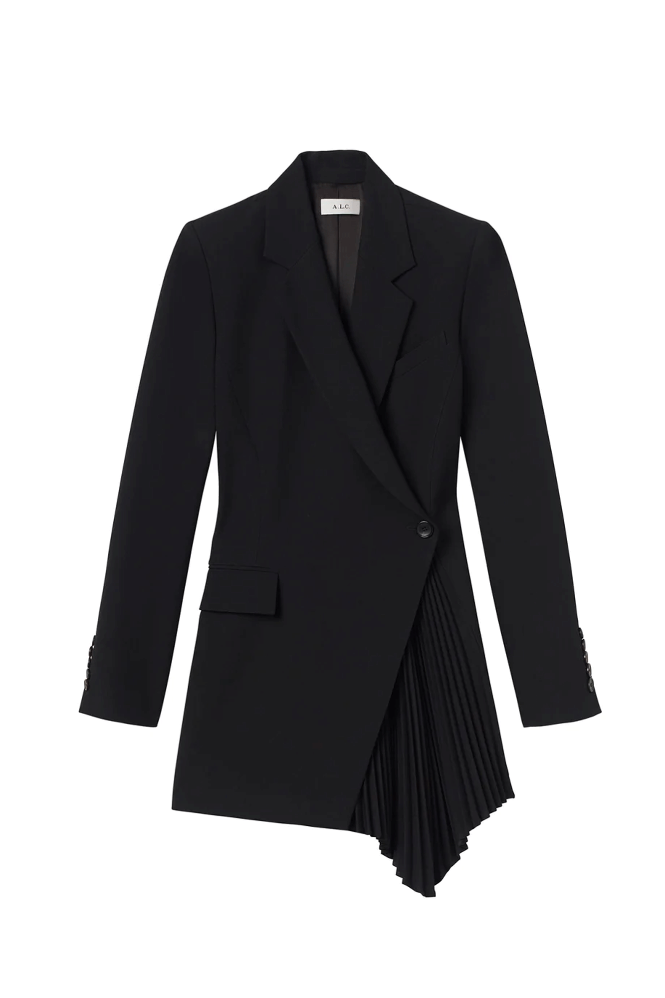 Look timelessly sophisticated in the Juliet Dress from A.L.C. Crafted from signature suiting fabric in classic black, this mini blazer silhouette features modern twists such as pointed notch lapels and a faux-wrap waist, plus classic tuxedo-inspired details like flap pockets and an asymmetrically pleated skirt. Make a statement.