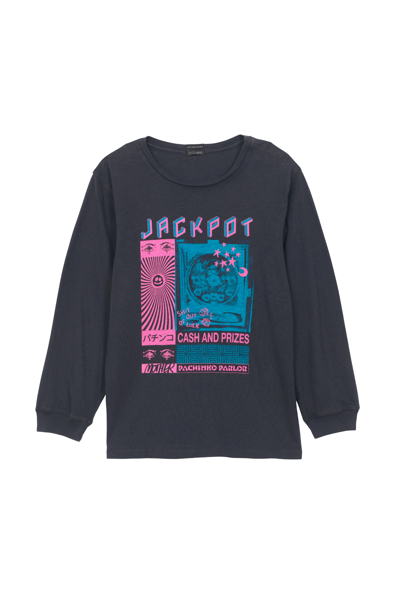 This vintage-style crewneck tee from Mother is made from recycled cotton for a comfortable, laid-back look. Featuring bold neon pink and blue graphics, the Jackpot Long Sleeve Rowdy is designed with an oversized fit to stand out.