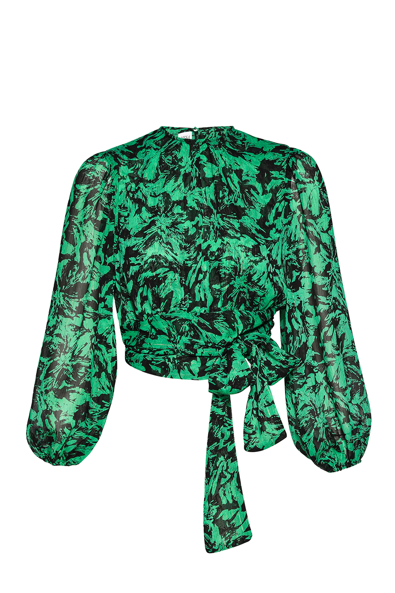 Make a statement in the eye-catching Beatriz Top from Misa. Cut from beautiful emerald and black abstract printed chiffon with golden lurex pinstripes, the top features a high neckline, blouson semi-sheer sleeves with elasticated cuffs, an open keyhole back, and a banded waist that can be tied in the back or wrapped to tie in the front. Completely double-lined in the bodice, this stunning top provides an elegant, comfortable look for any occasion.