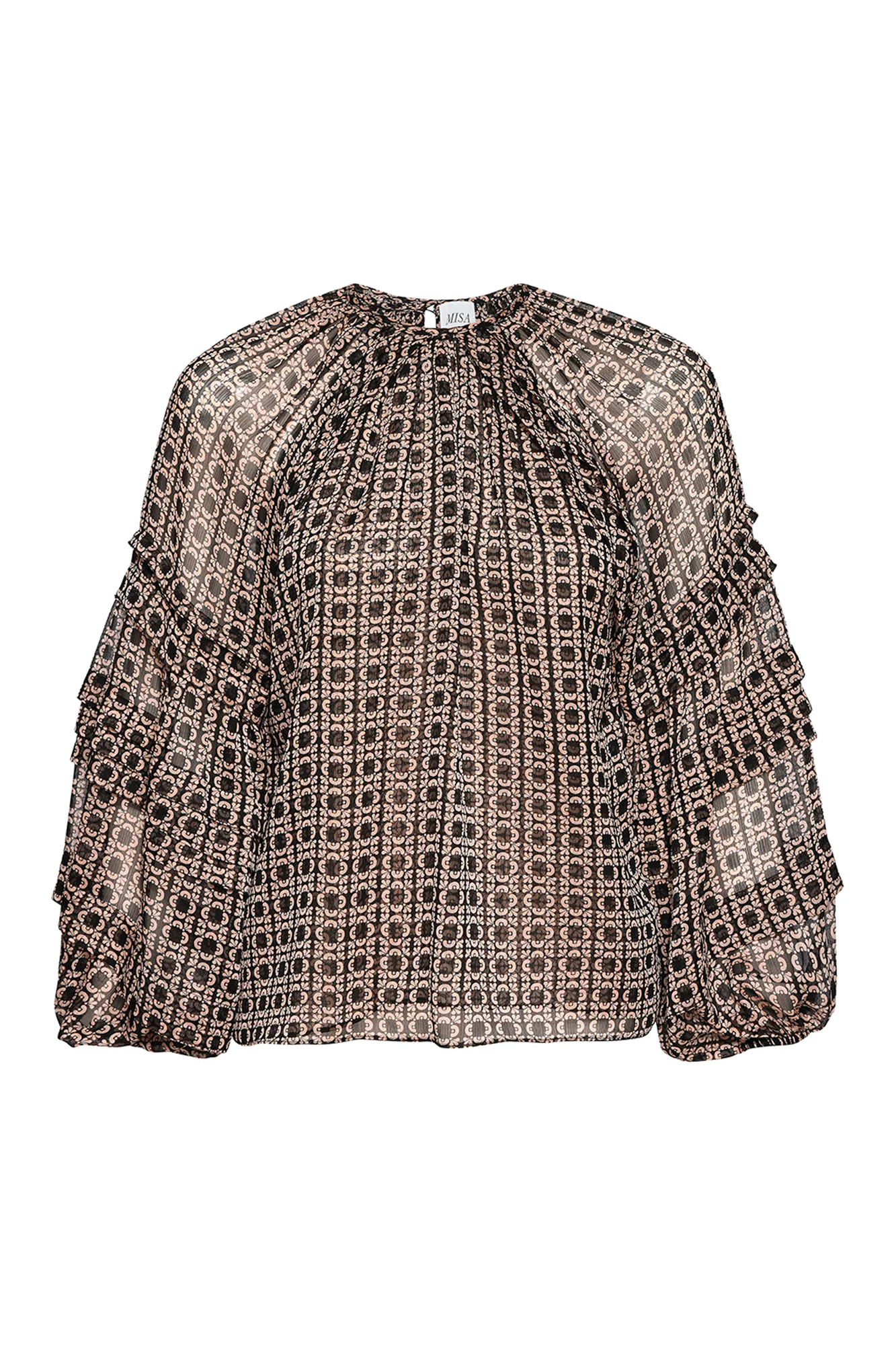 The Victoire Top from Misa combines fashion-forward lattice tile print chiffon with double-edged pleated ruffles and elastic cuffs for a sophisticated look. Finished with a back button keyhole closure. Put together a look that dazzles with the Victoire Top.