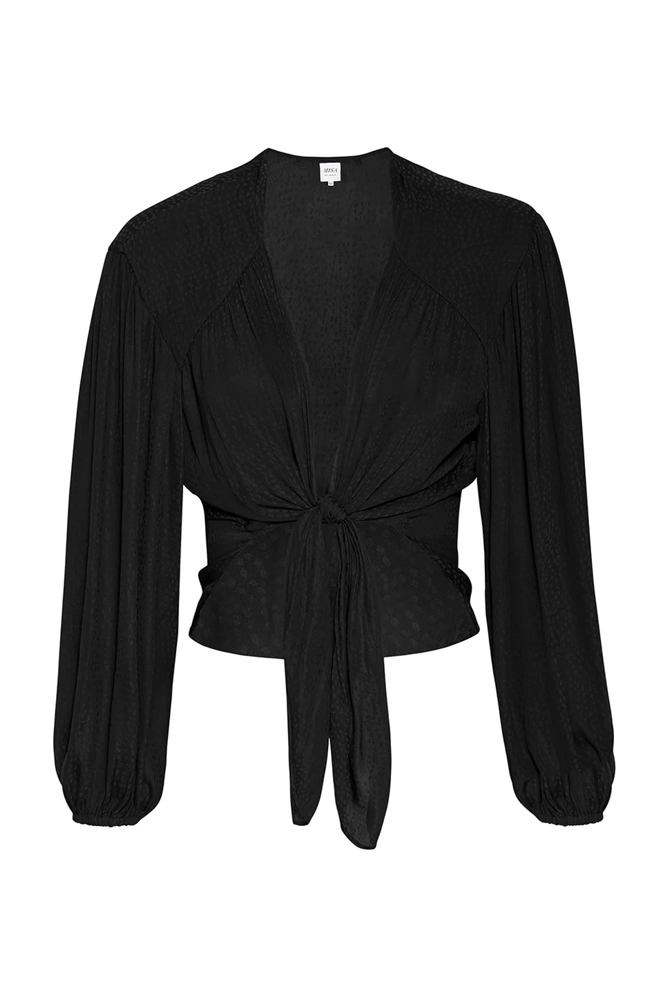 The Sylvia Top from Misa is the perfect top for any casual or formal occasion. This handcrafted, tonal black dot print satin jacquard top features an open neckline with a button snap and self-tie bodice. The long ruffled sleeves are finished off with an elastic cuff, making it stylish and comfortable. Pair with your favorite jeans for a timeless look.