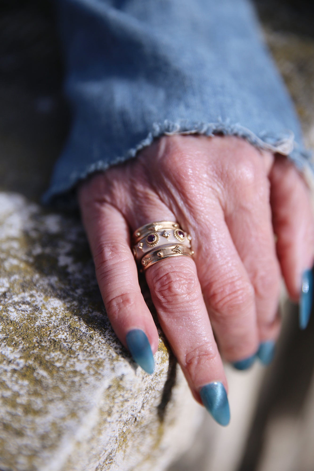 14K Rose Gold & Grey Sterling Silver Stack Enamel Ring