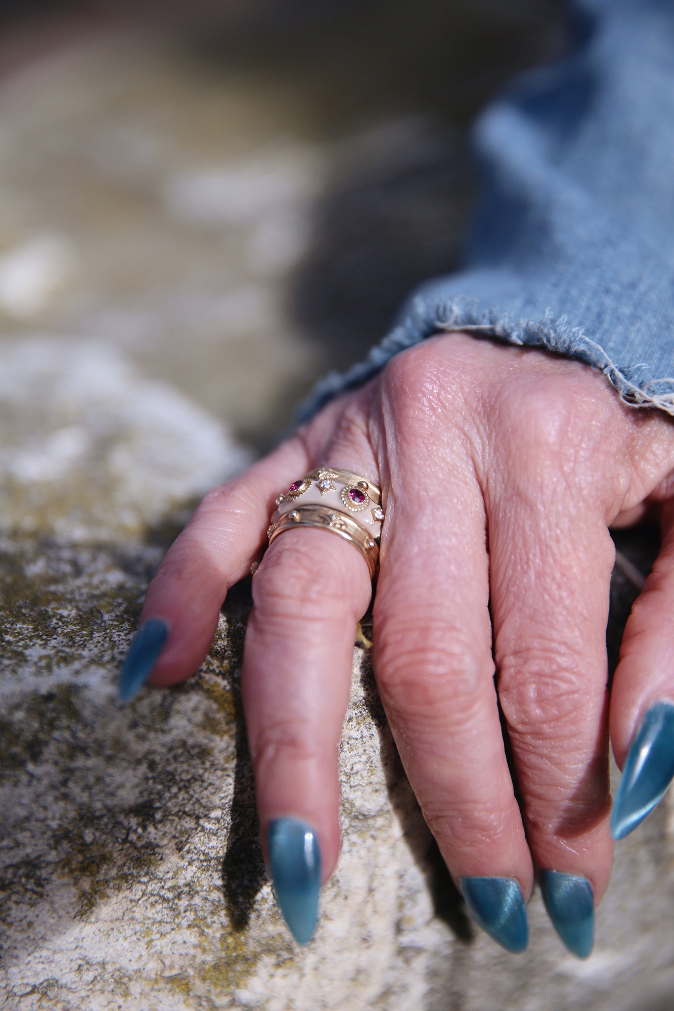 14K Rose Gold & Grey Sterling Silver Stack Enamel Ring