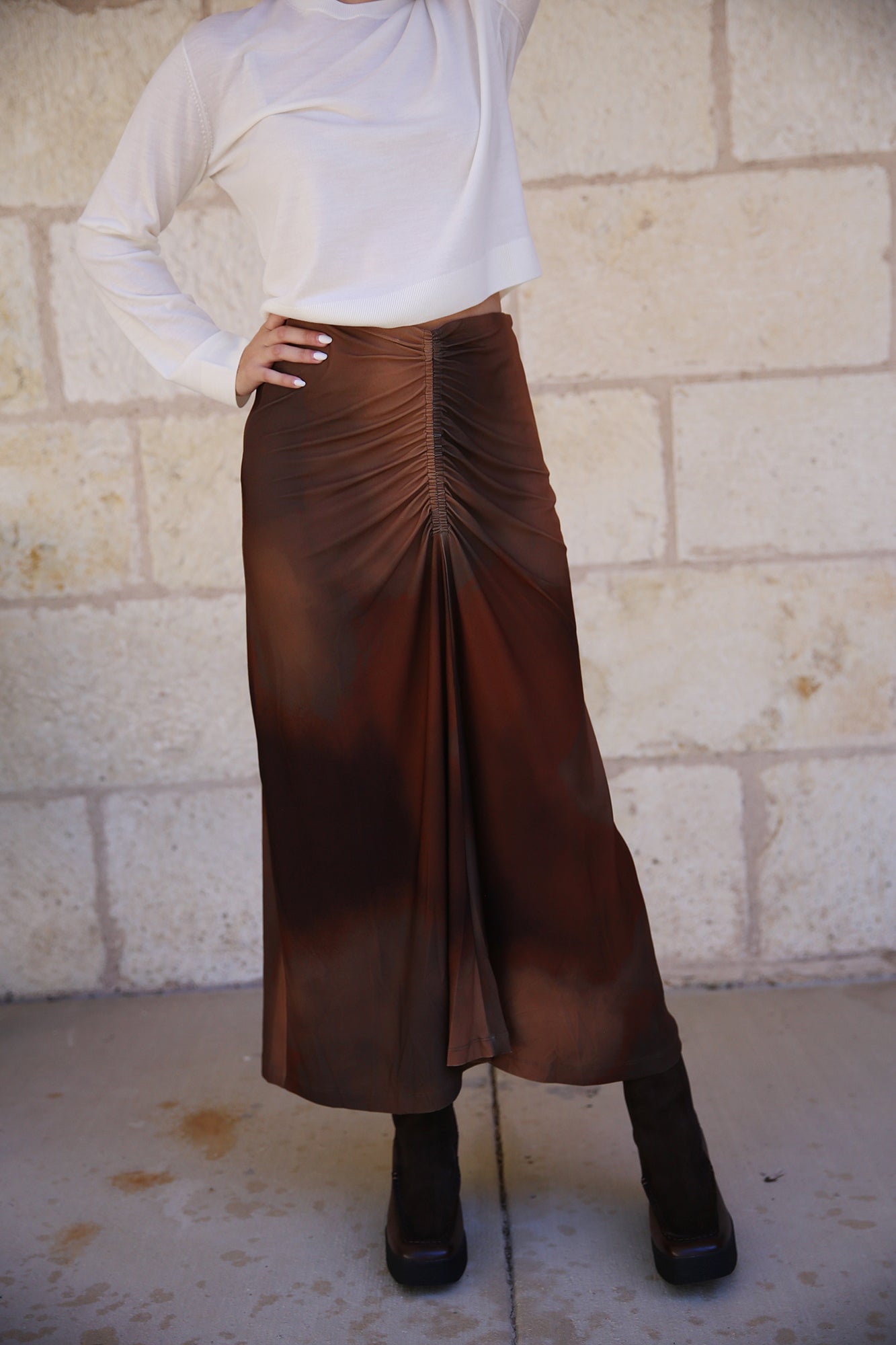 Atacalco Anna Ruched Waist Midi Skirt Earth Tones