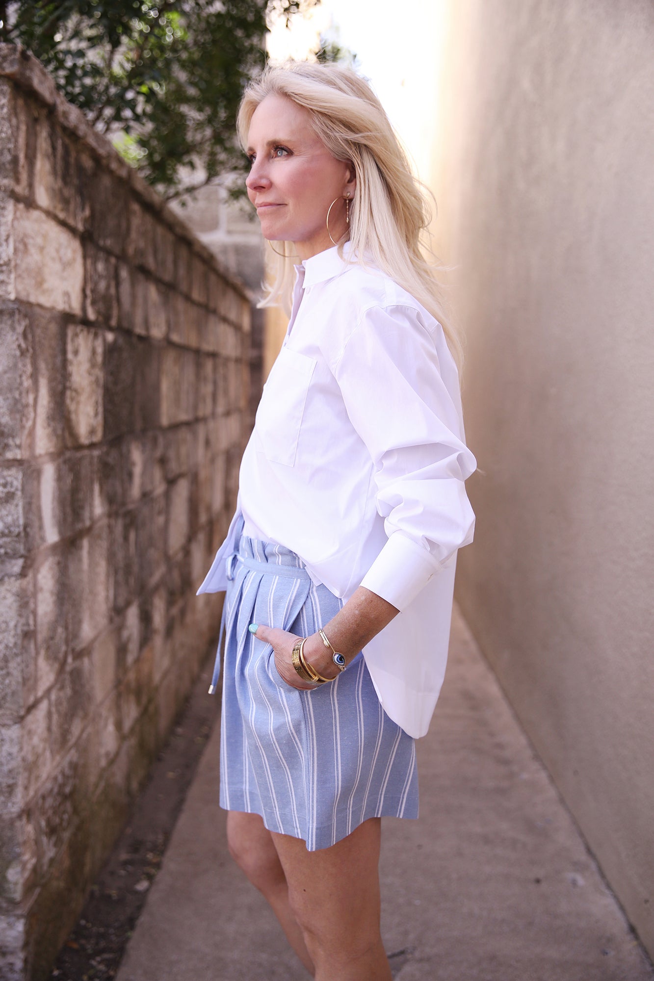 Blue With White Striped Shorts with Tie Belt