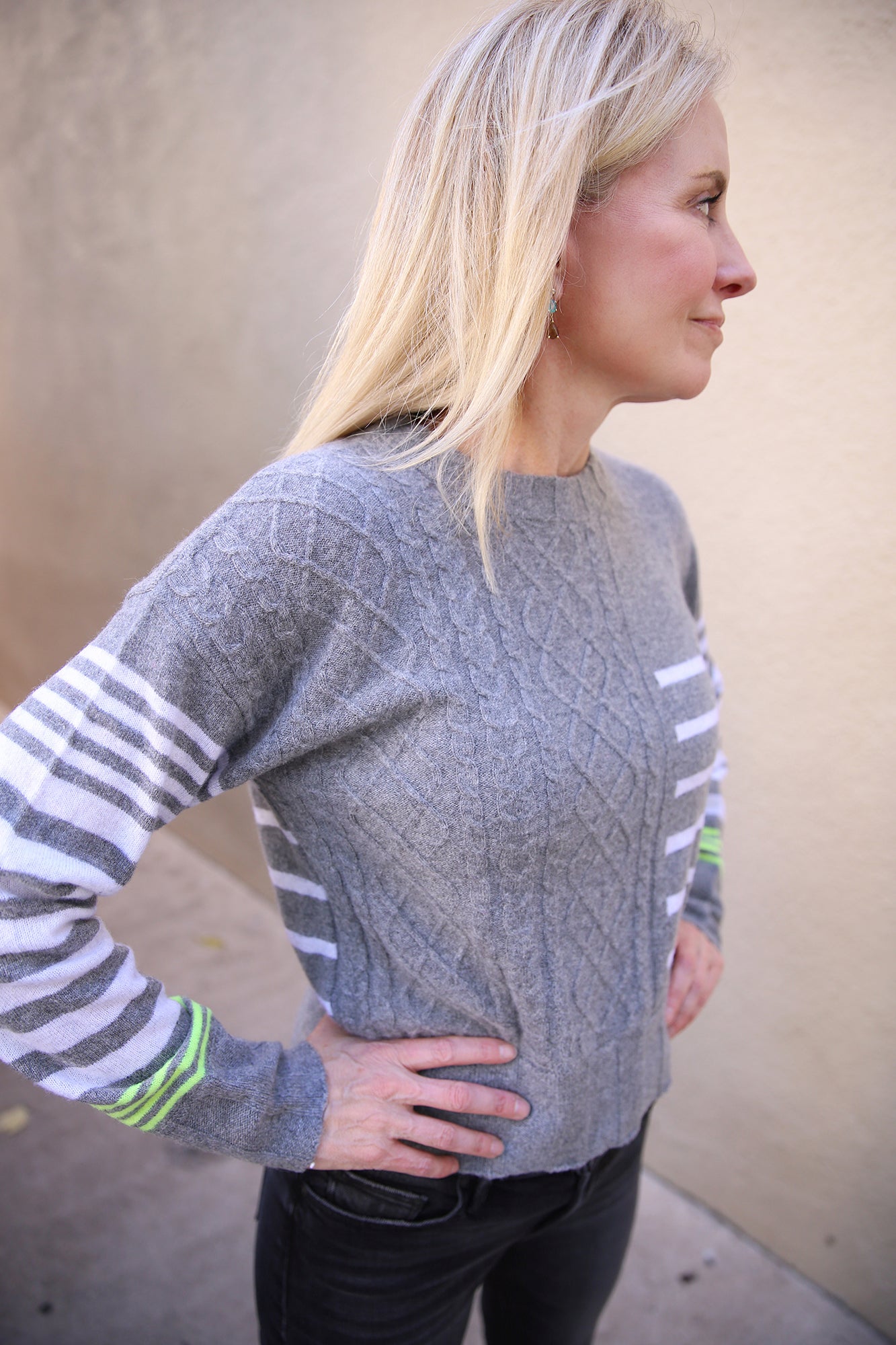 Callie Cable Stripe Jumper Mid Grey Haze Neon Yellow