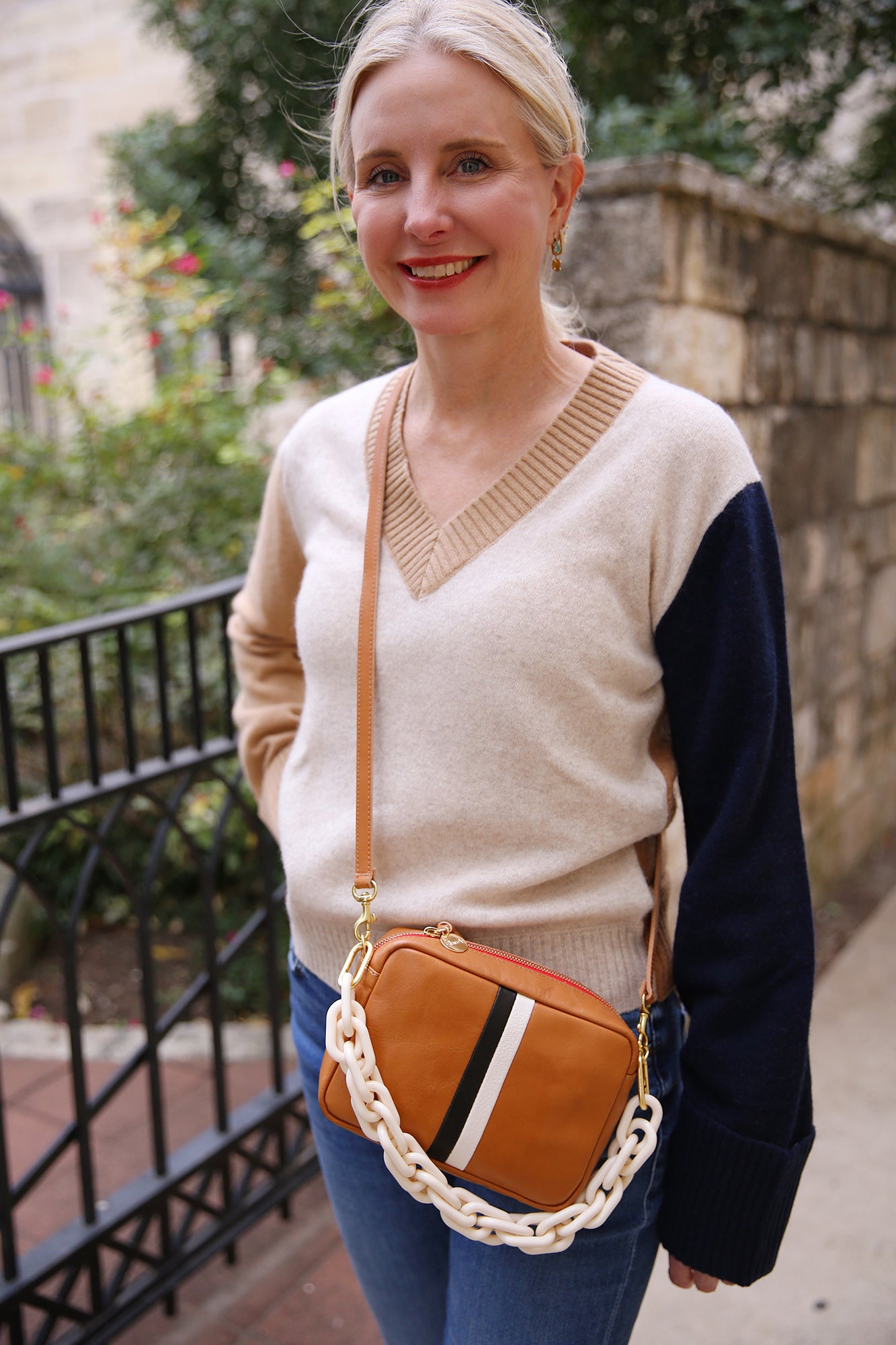 Colourblock V Neck Sweater Camel Cygnet Navy Chestnut