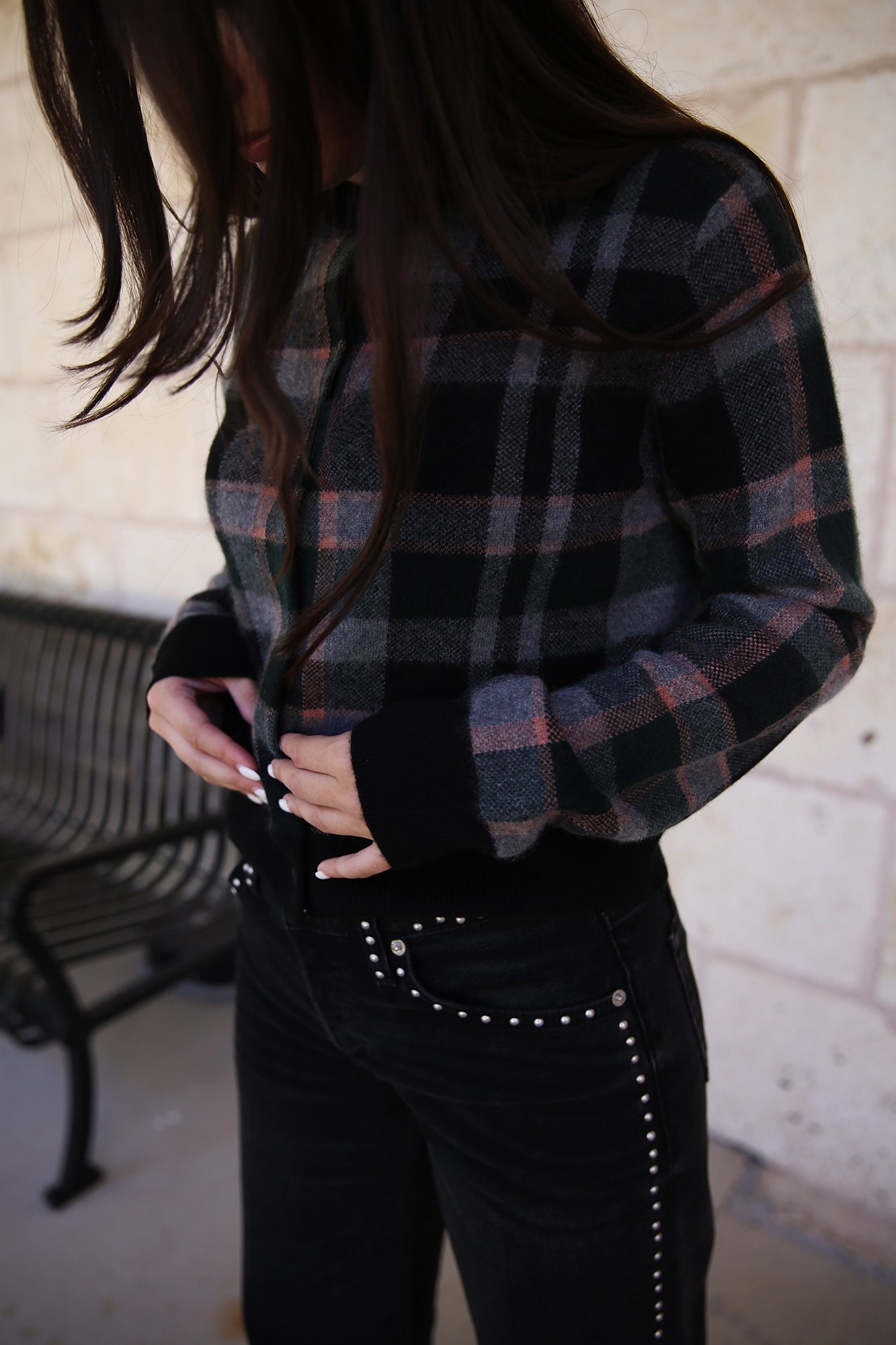 Cashmere Plaid Cardigan Black Cardigan