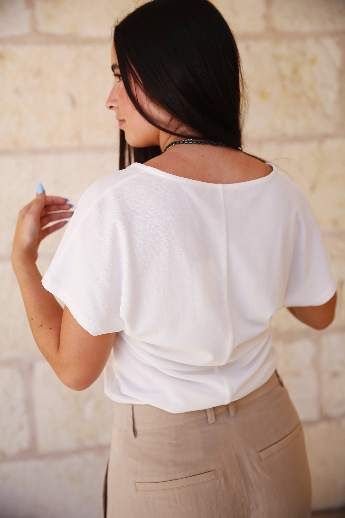 Cotton Flutter Dolman-Sleeve V-Neck T-Shirt Off White