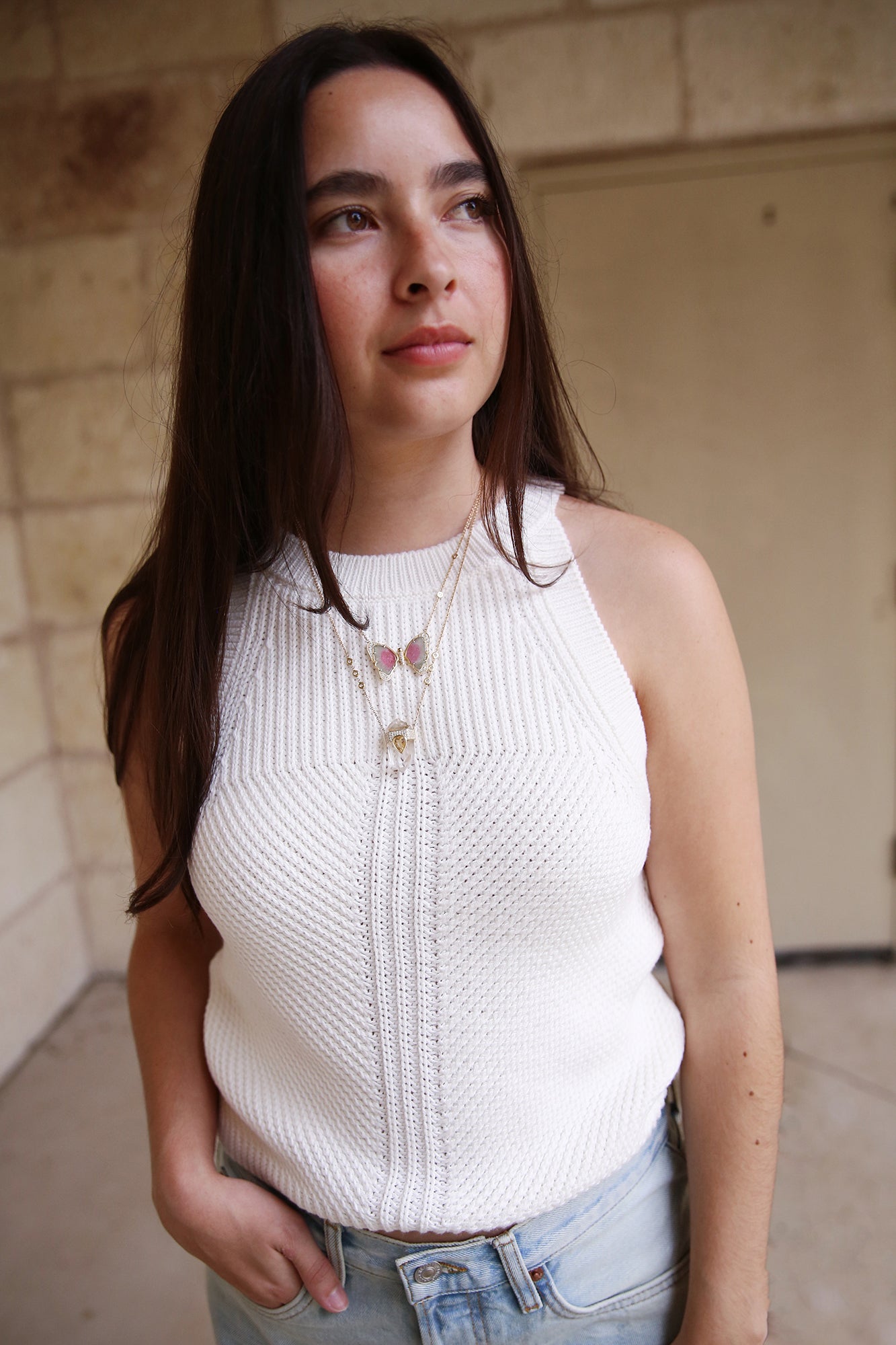 Cotton Strap Knitted Top Ivory