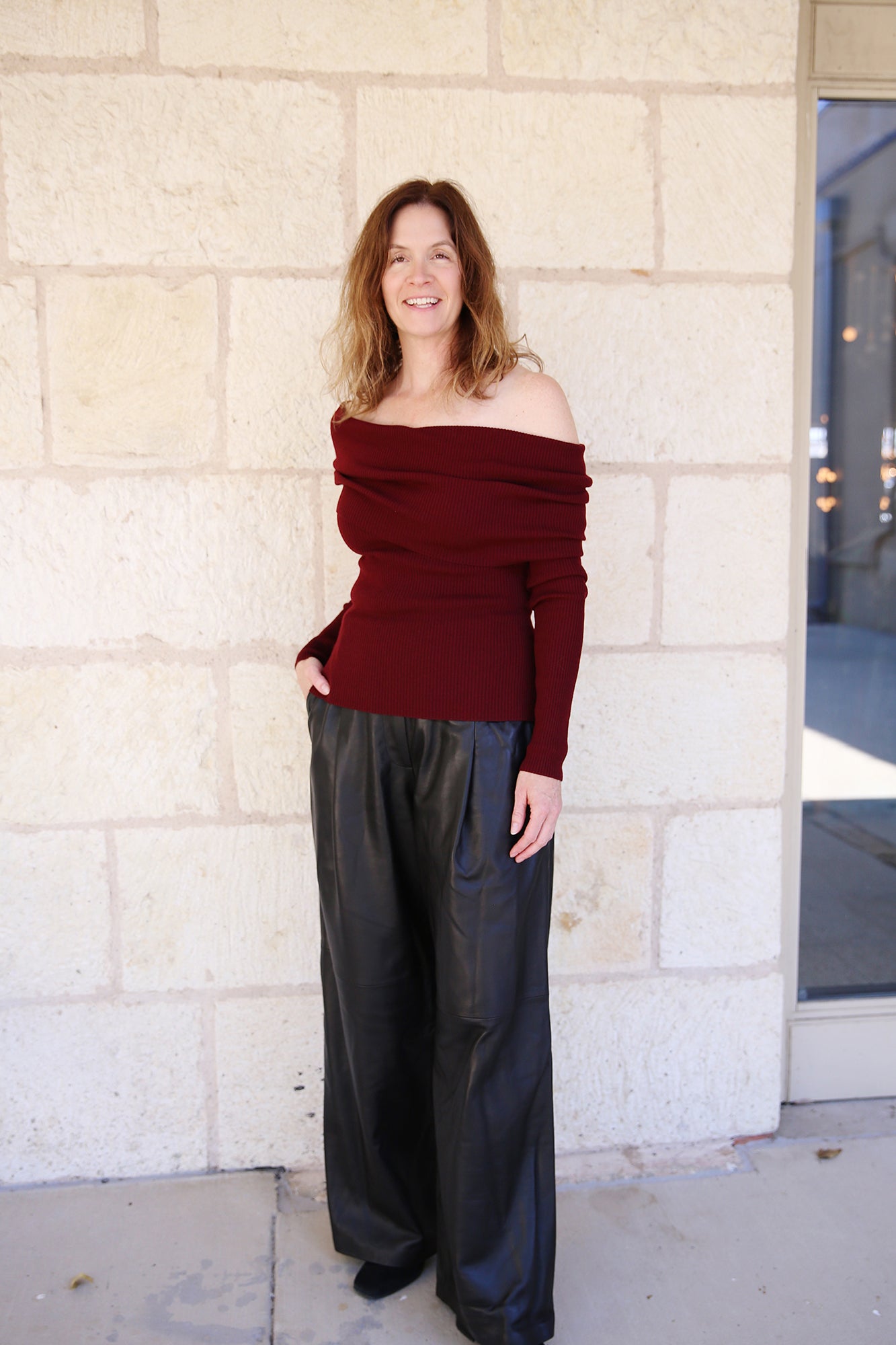 Evelyn Merino Off Shoulder Top Burgundy