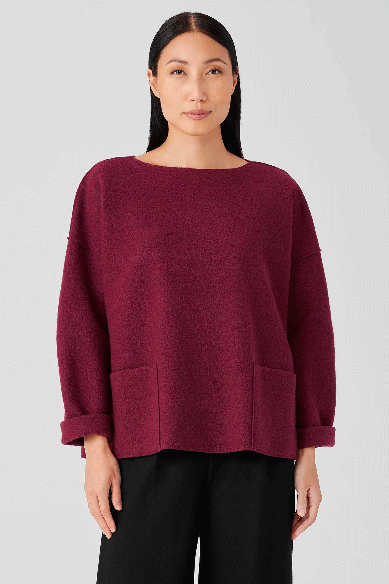 This Bateau Neck Box Top from Eileen Fisher is designed with elevated comfort in mind. Boiled wool fabric with a combination of regenerative fiber from farms that support soil health and biodiversity make this top ultra-luxurious. Enjoy the bateau neck, patch pockets, and raw edge hem for a timeless look.